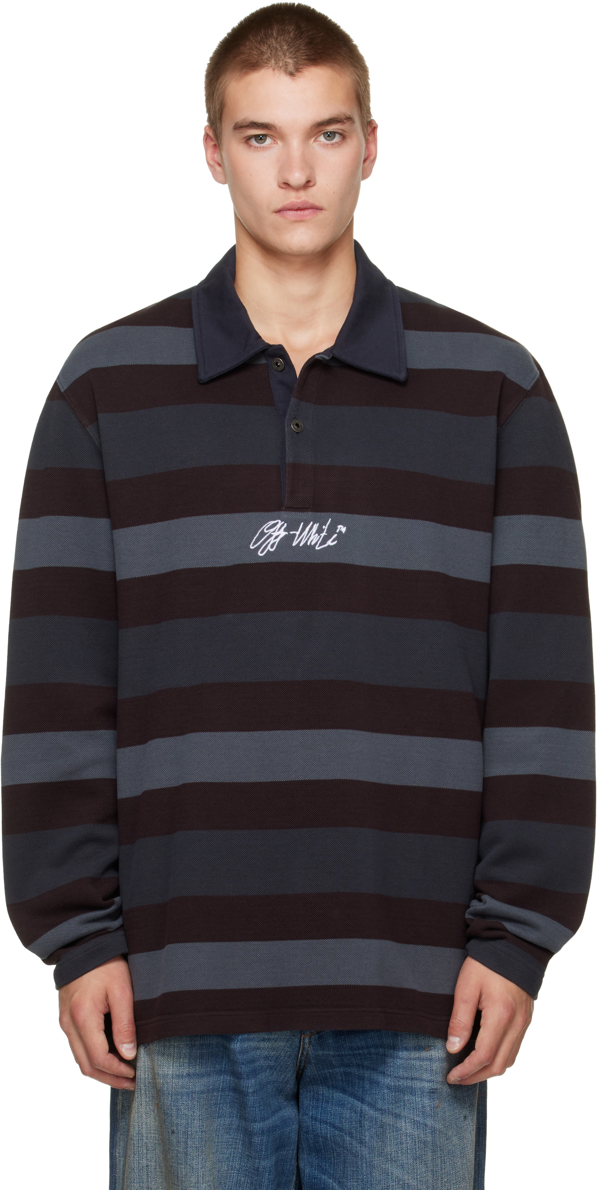 Off-White: Gray & Burgundy Stroke OW Relax L/S Polo | SSENSE