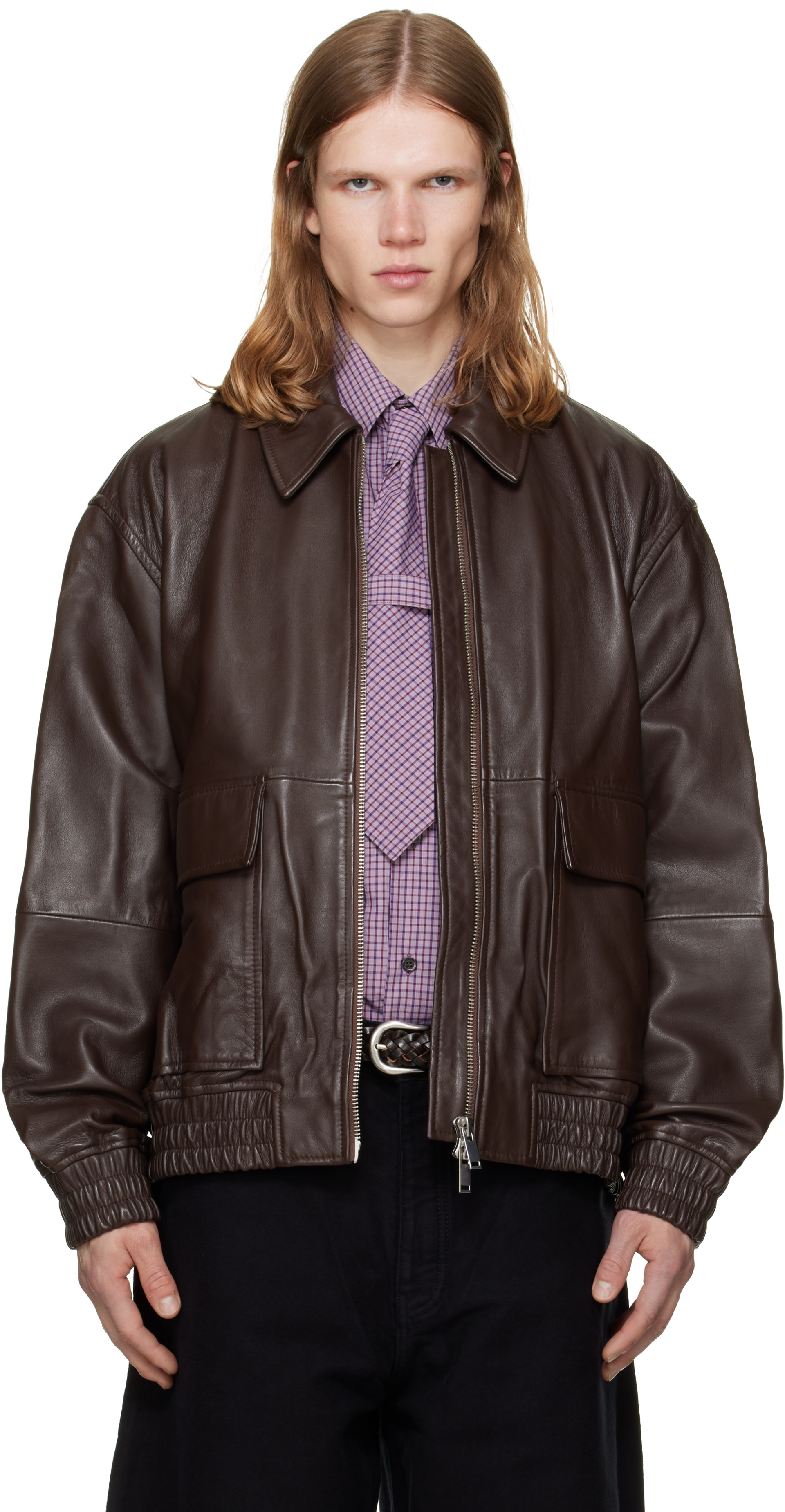 Studio Nicholson - Blouson Piston brun en cuir