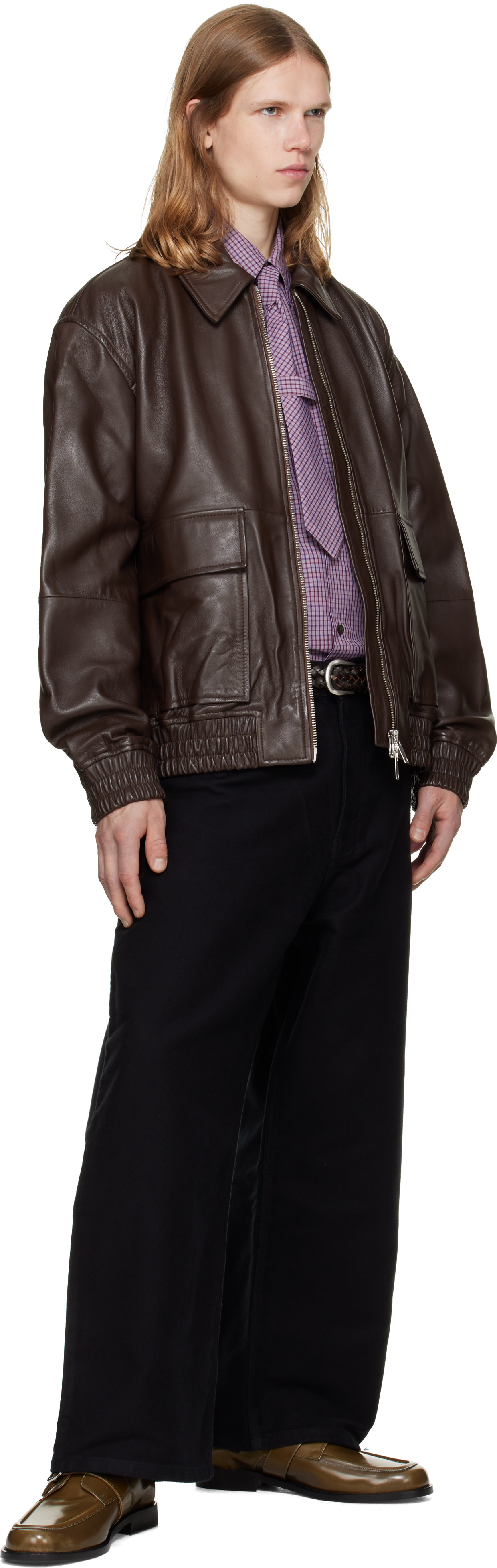 Studio Nicholson - Blouson Piston brun en cuir