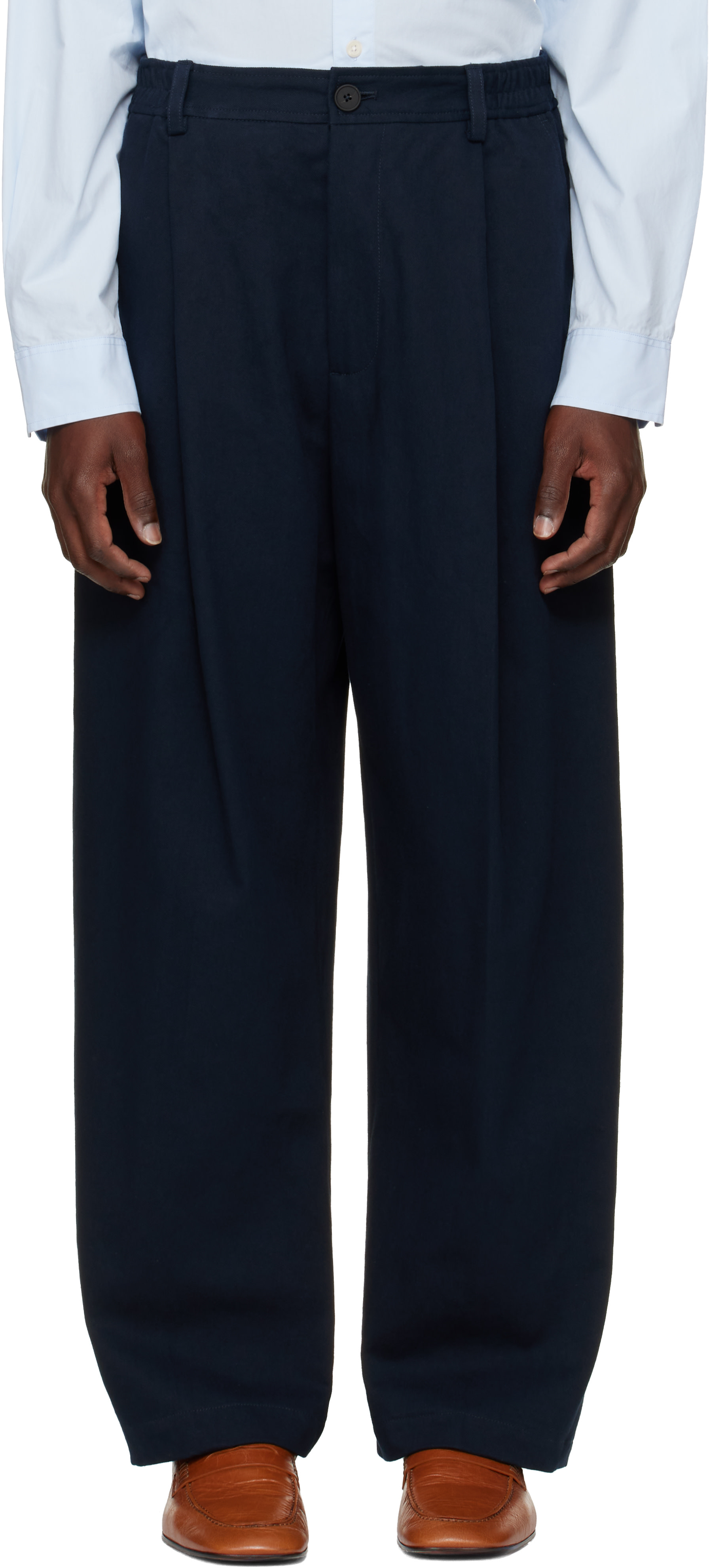 studio nicholson sサイズ　navy キャメル Studio Nicholson: Navy Shire Cotton Pleated Trousers | SSENSE
