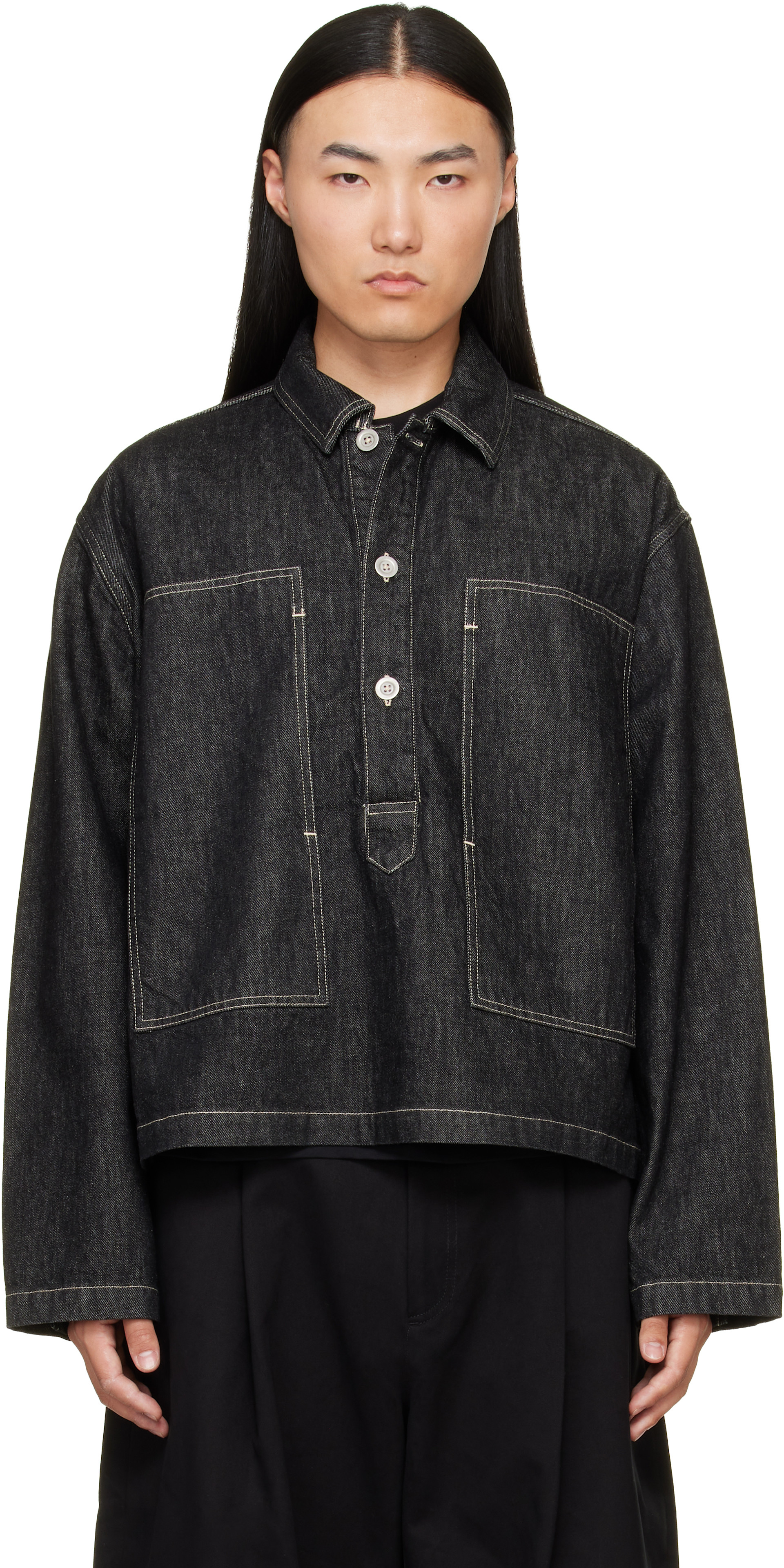 Studio Nicholson: Black York Denim Polo Shirt | SSENSE