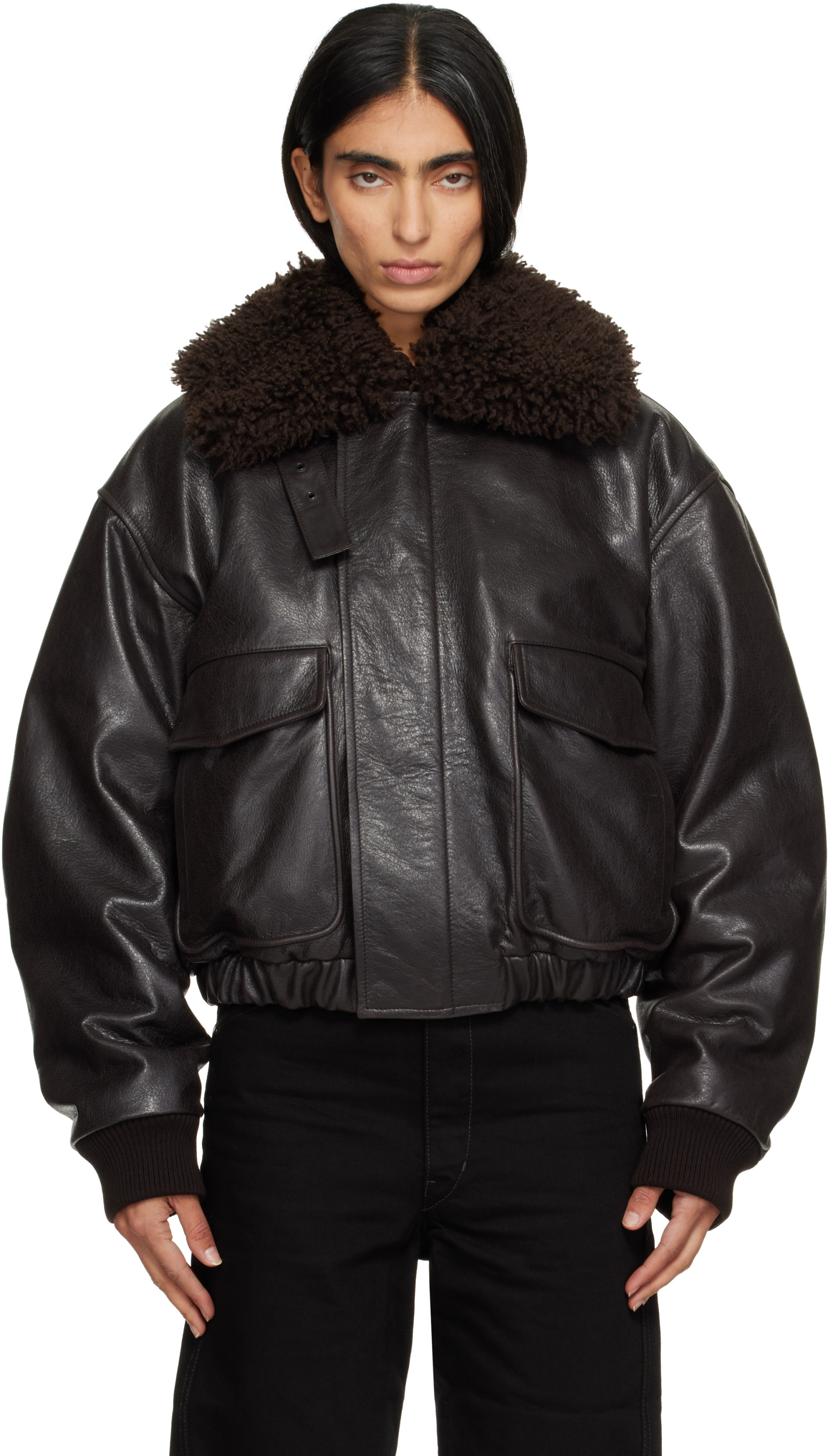 LEMAIRE - Brown Leather Pilot Blouson Jacket