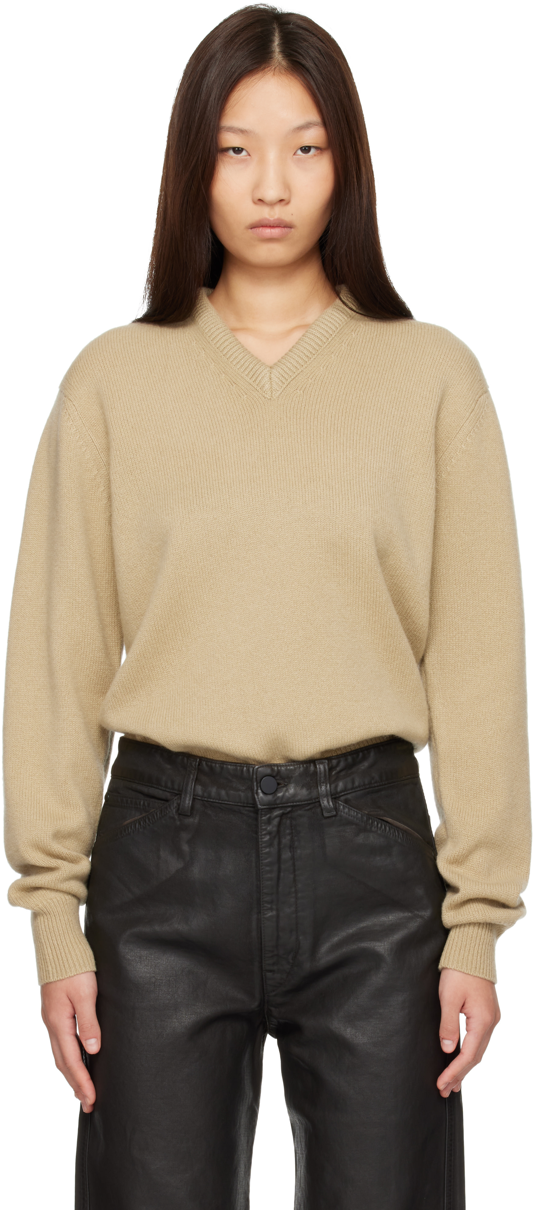 LEMAIRE - Pull beige à col en V