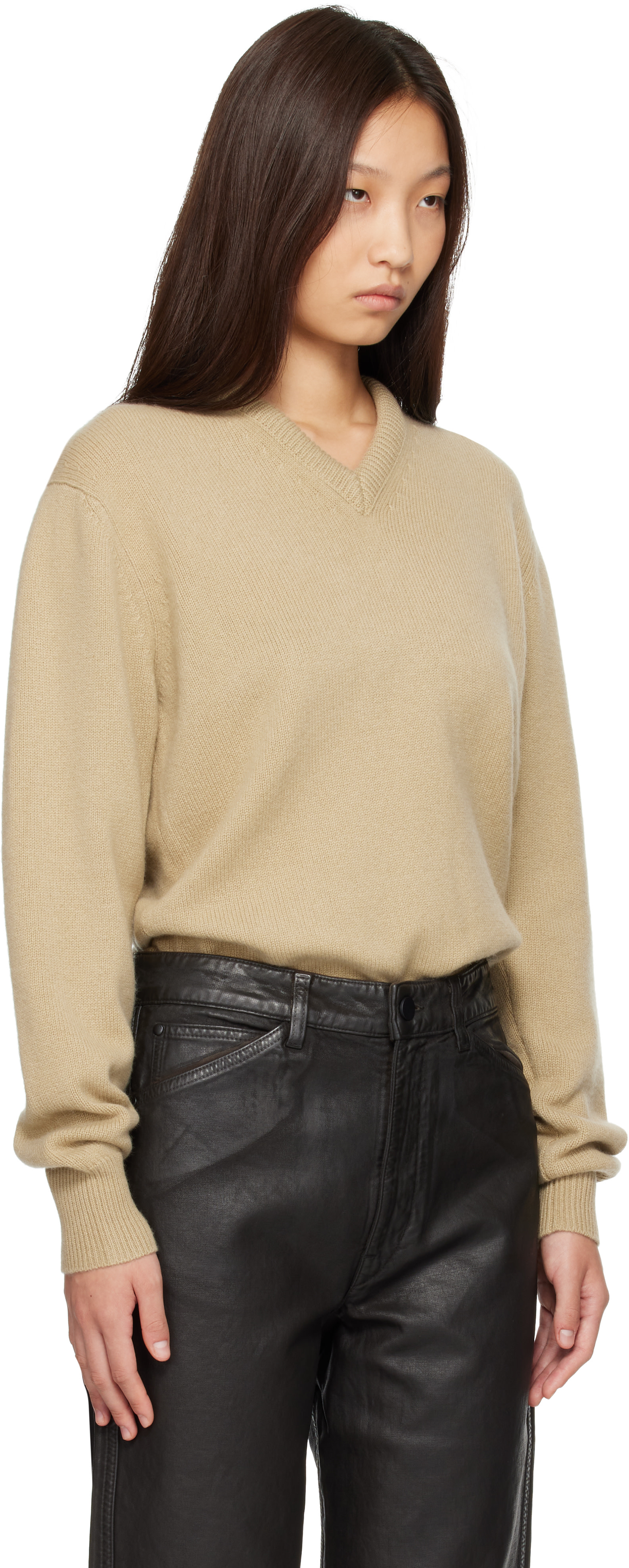 LEMAIRE - Pull beige à col en V