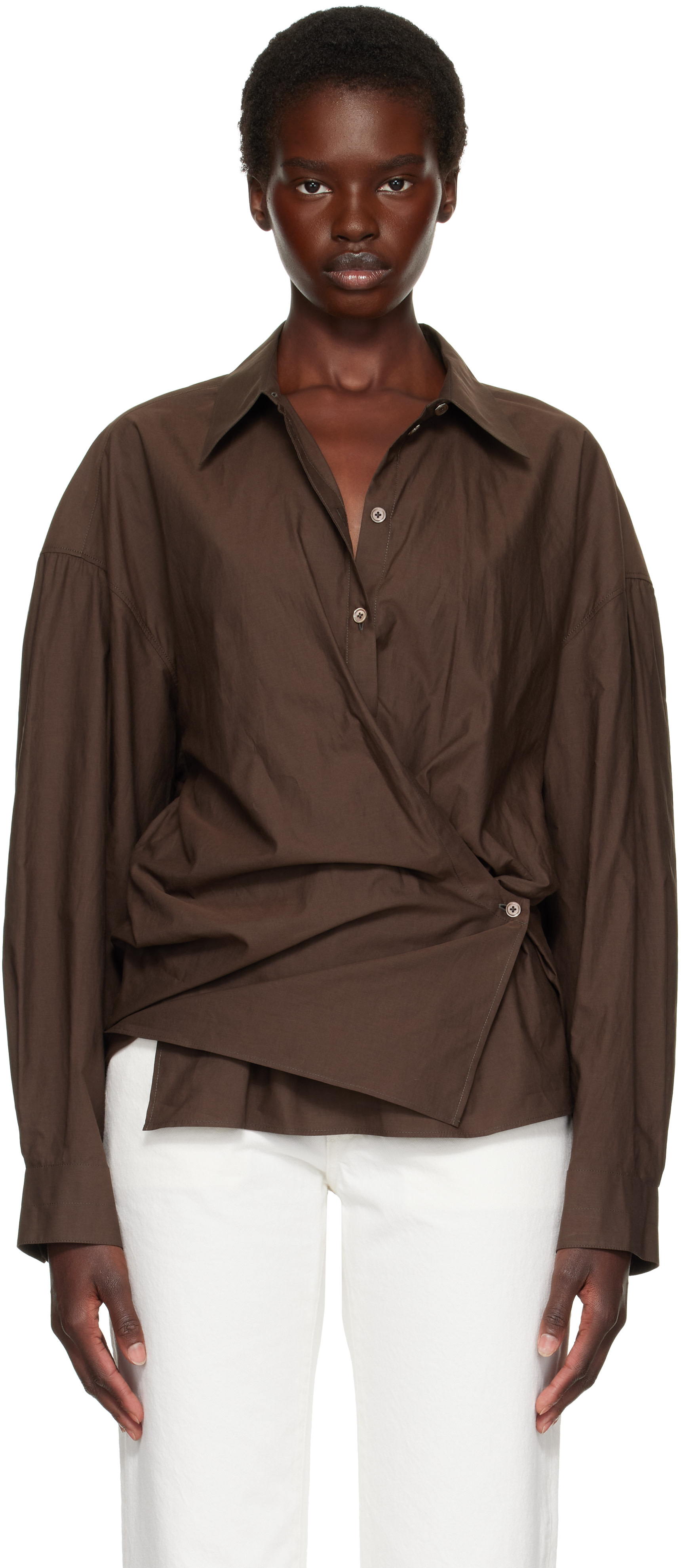 LEMAIRE brownストライプ 長袖シャツ LEMAIRE: Brown Straight Collar Twisted Shirt | SSENSE