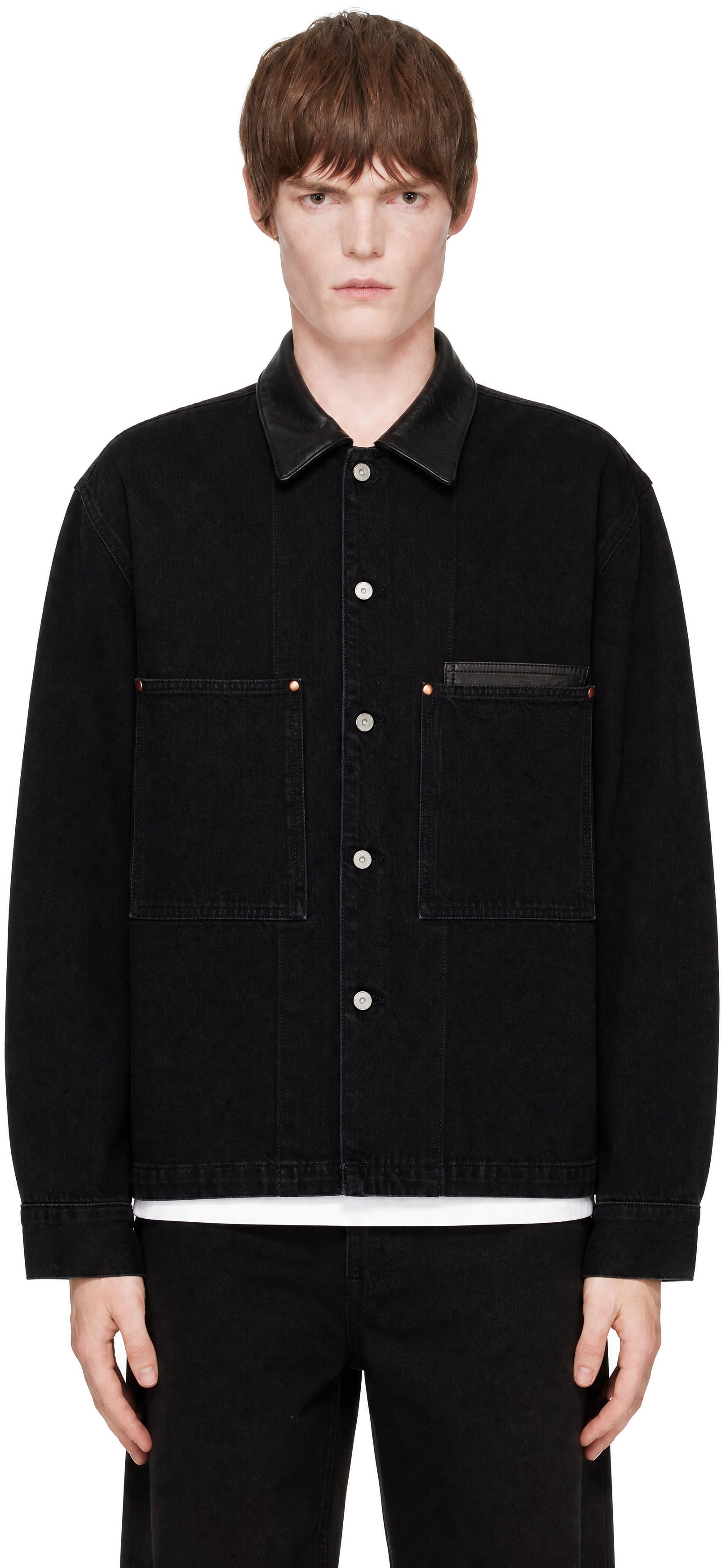 LEMAIRE - Black Workwear Leather Collar Denim Jacket