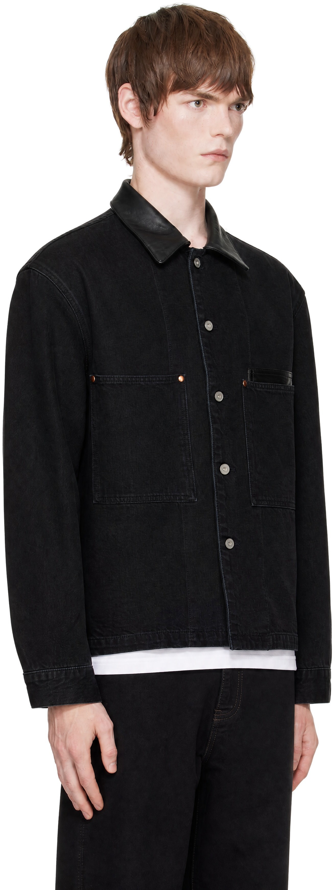 LEMAIRE - Black Workwear Leather Collar Denim Jacket