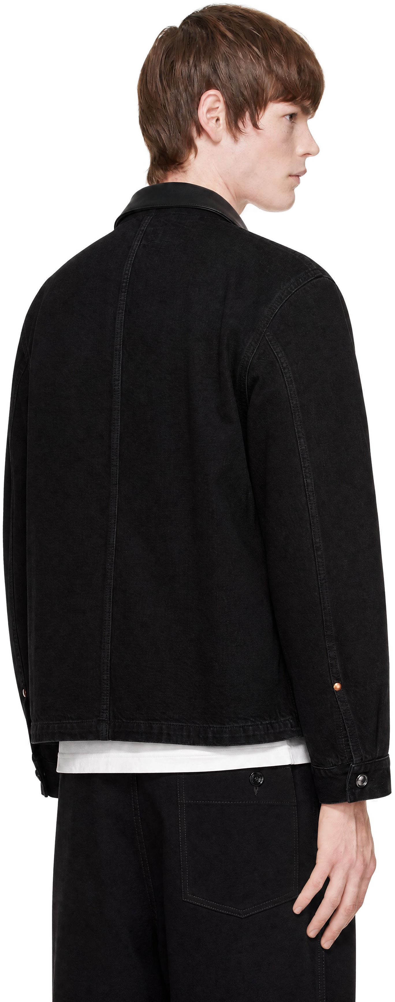 LEMAIRE - Black Workwear Leather Collar Denim Jacket