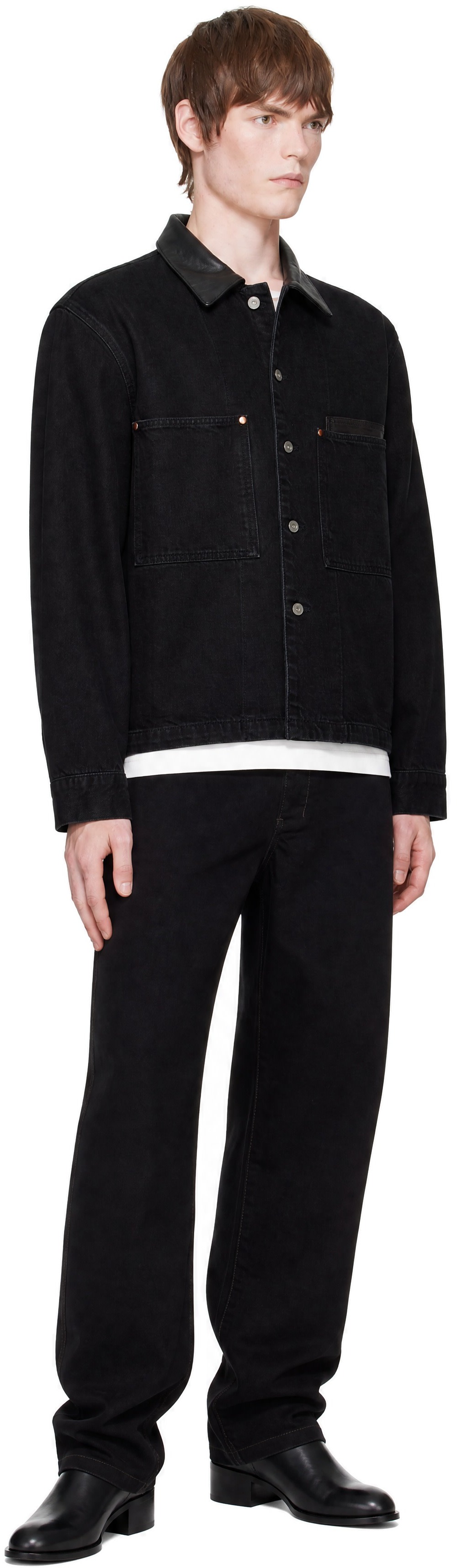 LEMAIRE - Black Workwear Leather Collar Denim Jacket