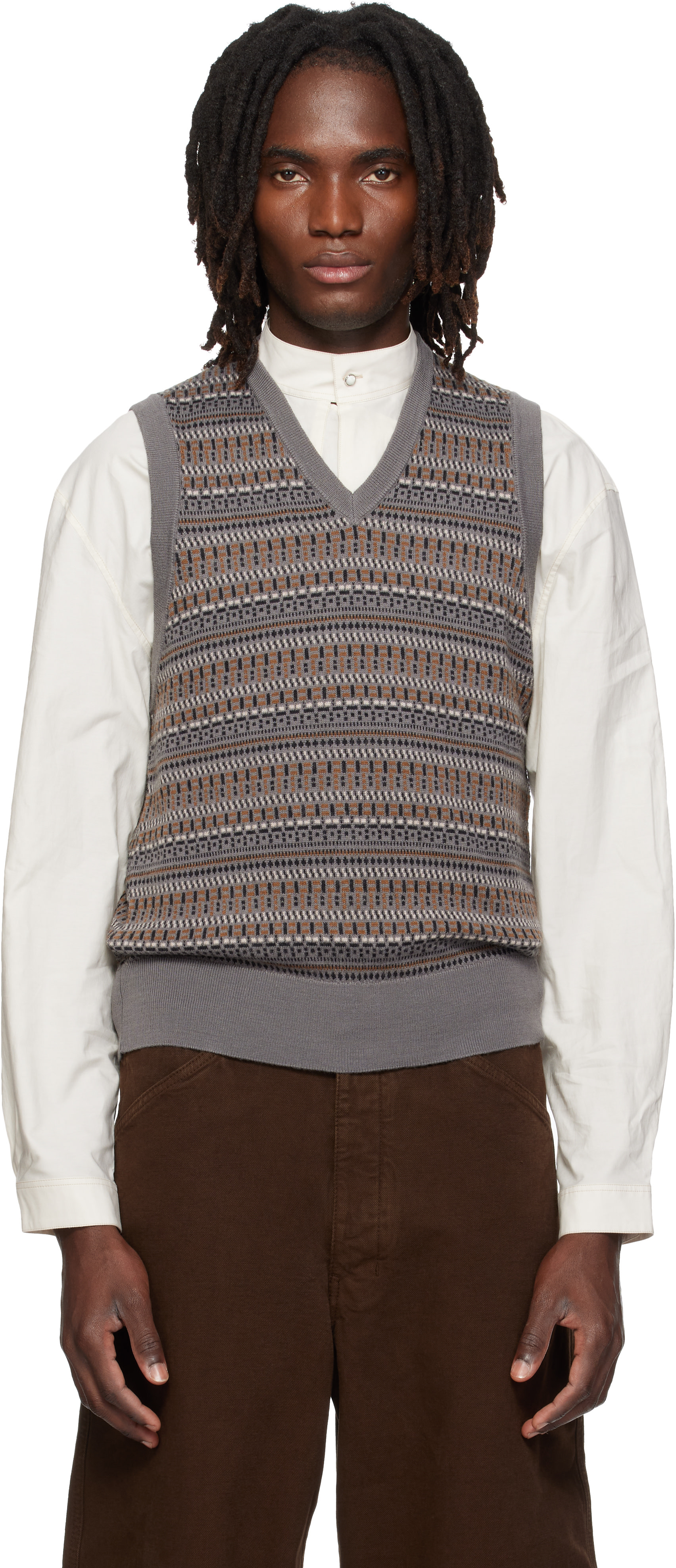 LEMAIRE: Gray V-Neck Jacquard Sweater Vest | SSENSE