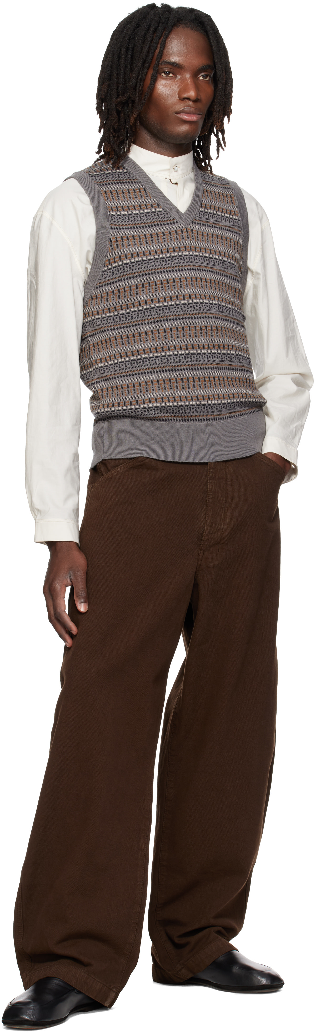 LEMAIRE: Gray V-Neck Jacquard Sweater Vest | SSENSE