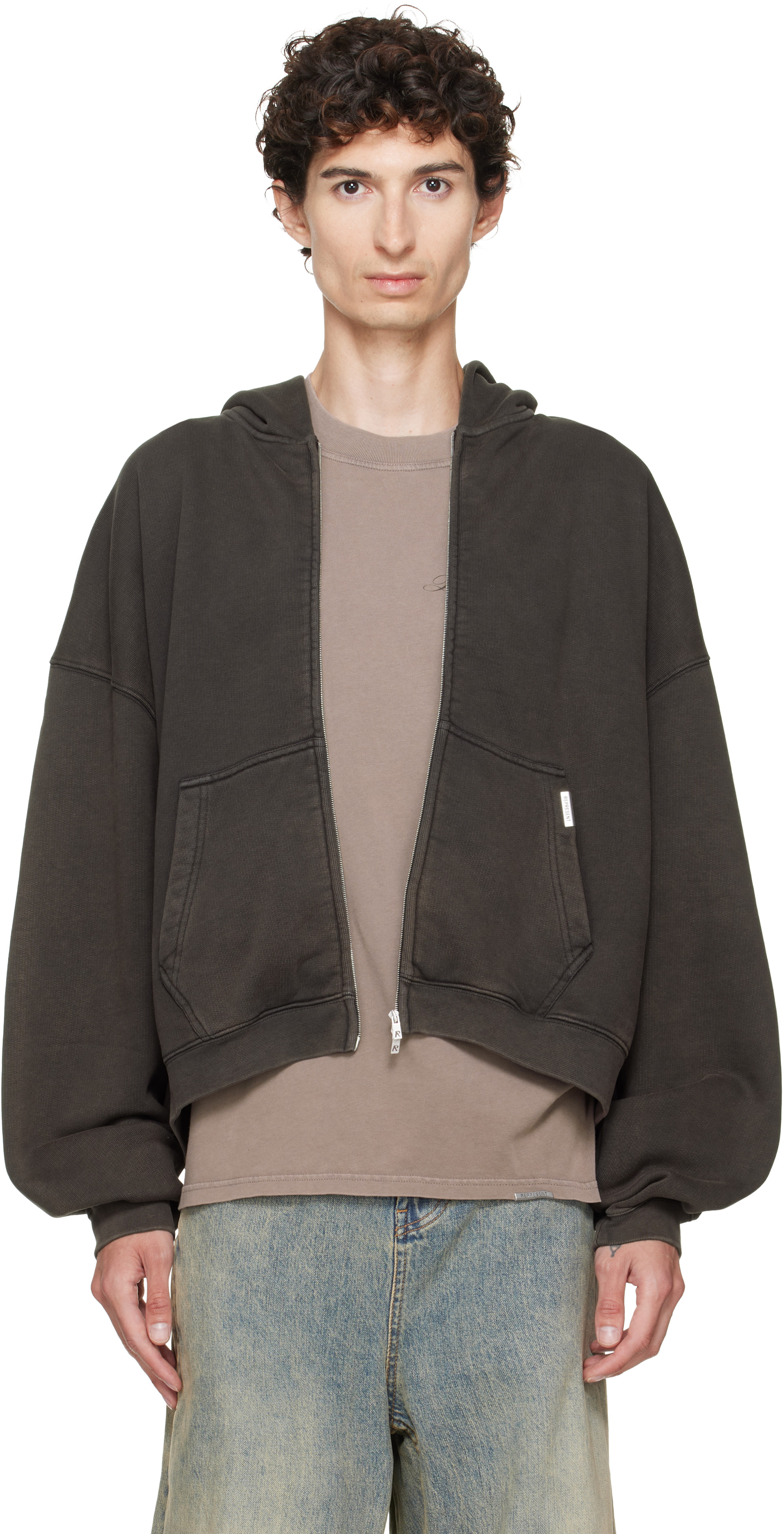 Represent - Brown Initial Boxy Oversized Zip Hoodie