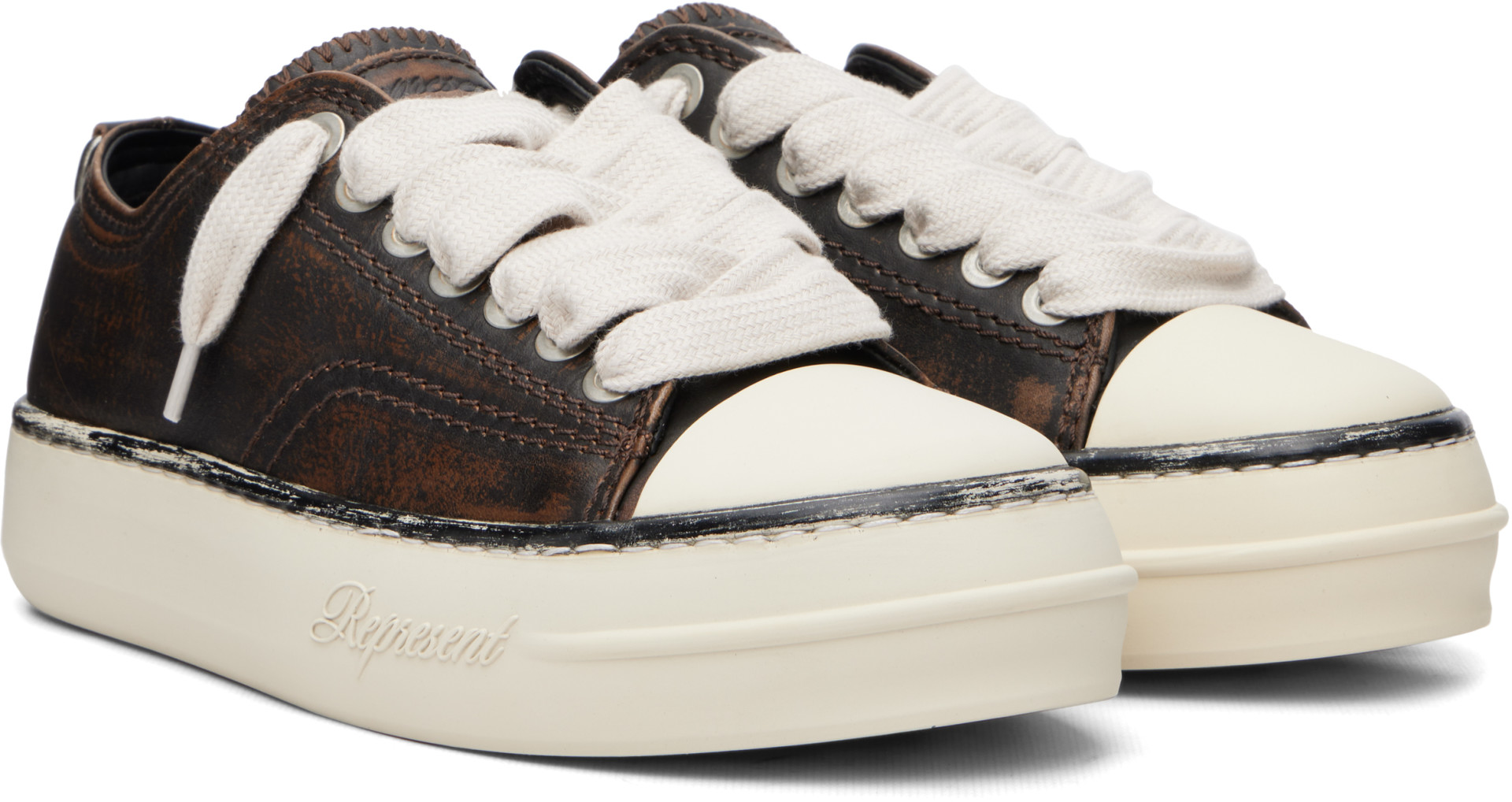 Represent - Brown Rep-Cap Distressed Leather Sneakers