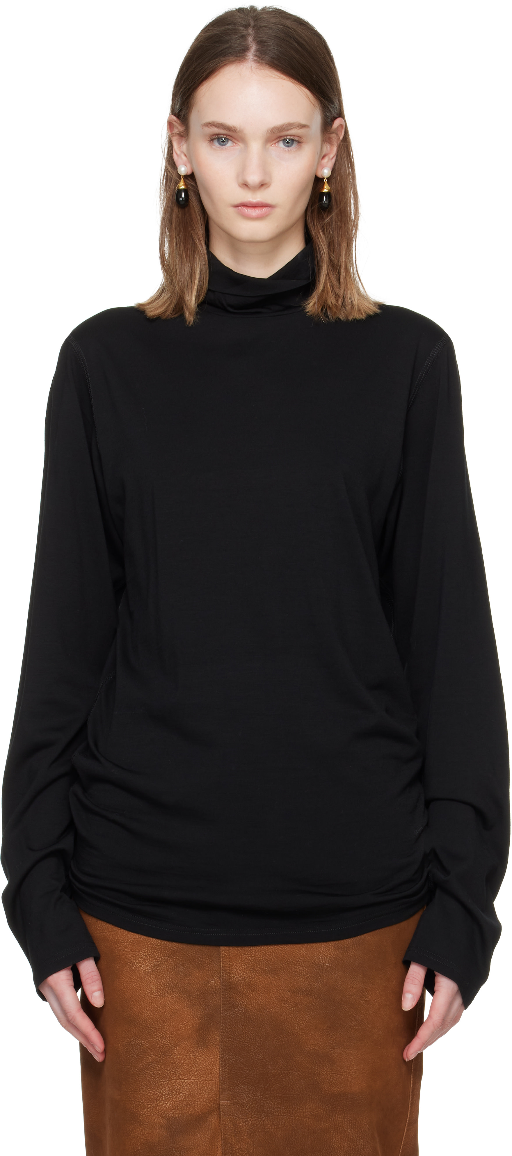 Rier - Pull molletonné Polar noir en jersey à col roulé