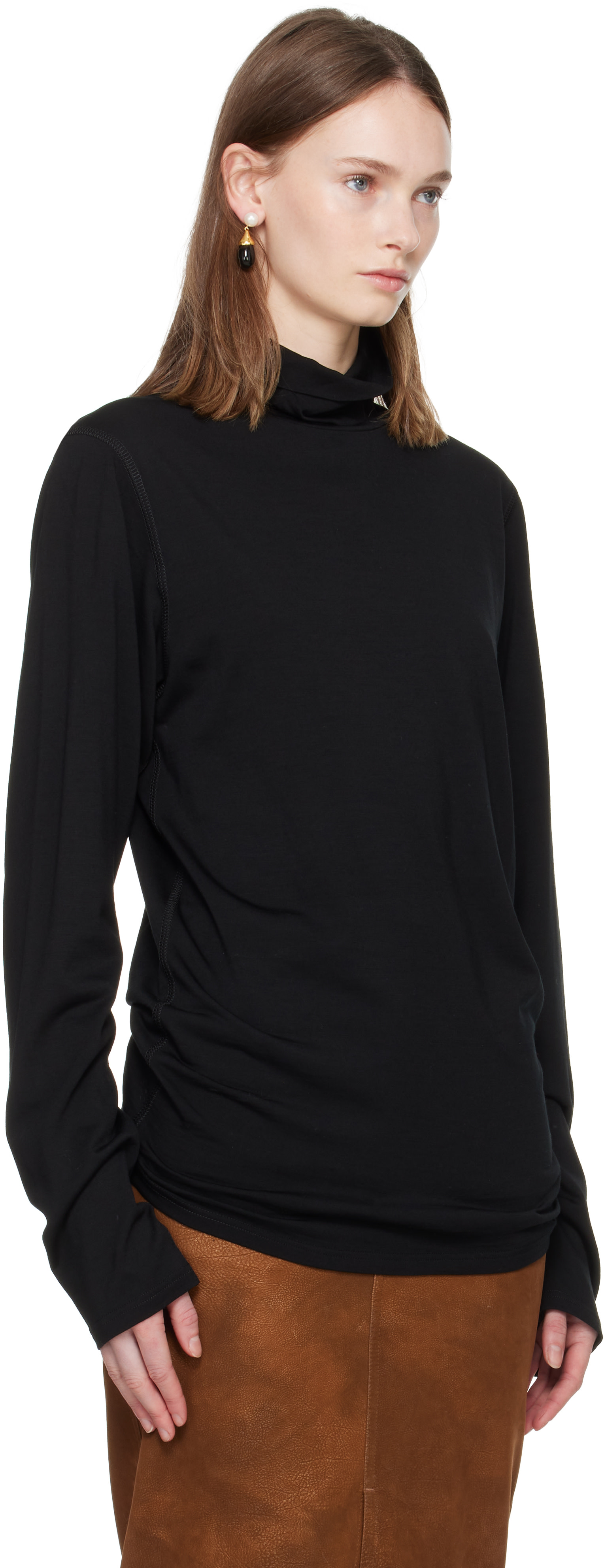 Rier - Pull molletonné Polar noir en jersey à col roulé