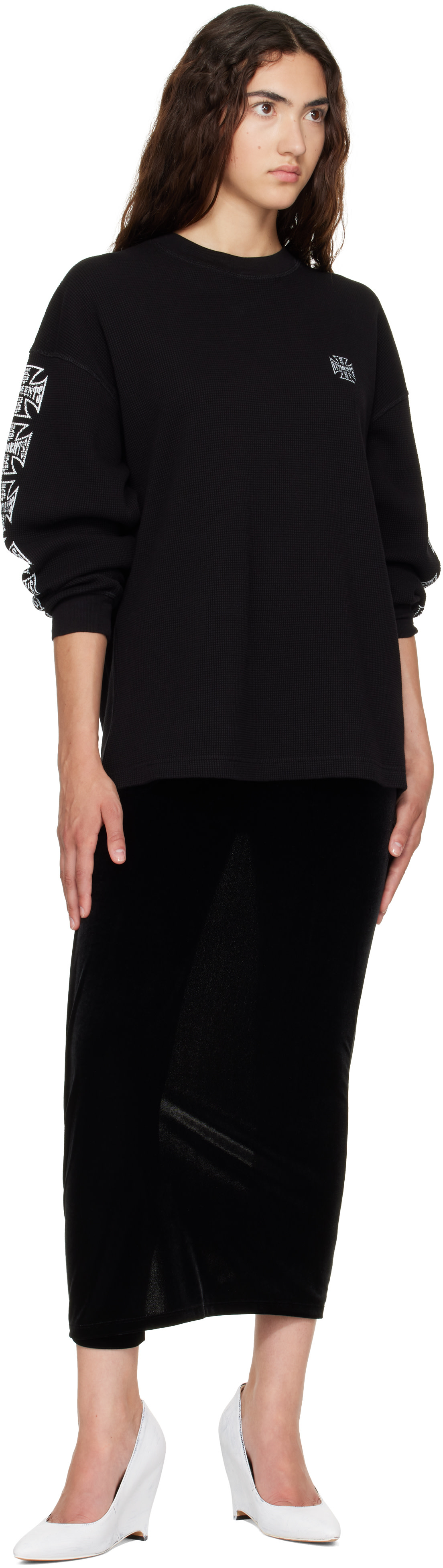VETEMENTS: Black Velour Front Midi Skirt Leggings | SSENSE
