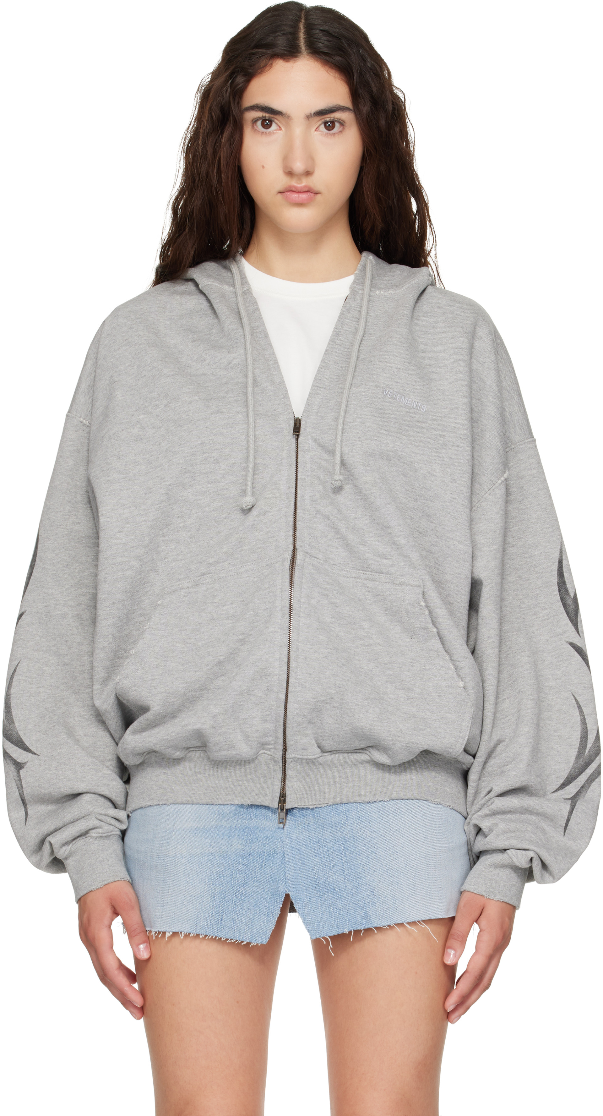 VETEMENTS: Gray Graffiti Zip Up Hoodie | SSENSE
