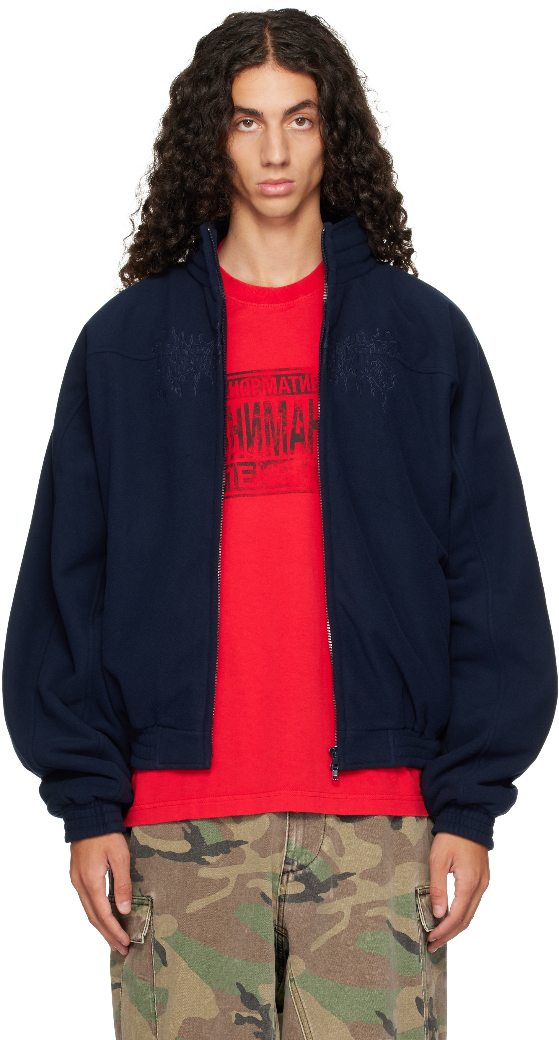 VETEMENTS: Navy Embroidered Metal Logo Fleece Jacket | SSENSE Thailand