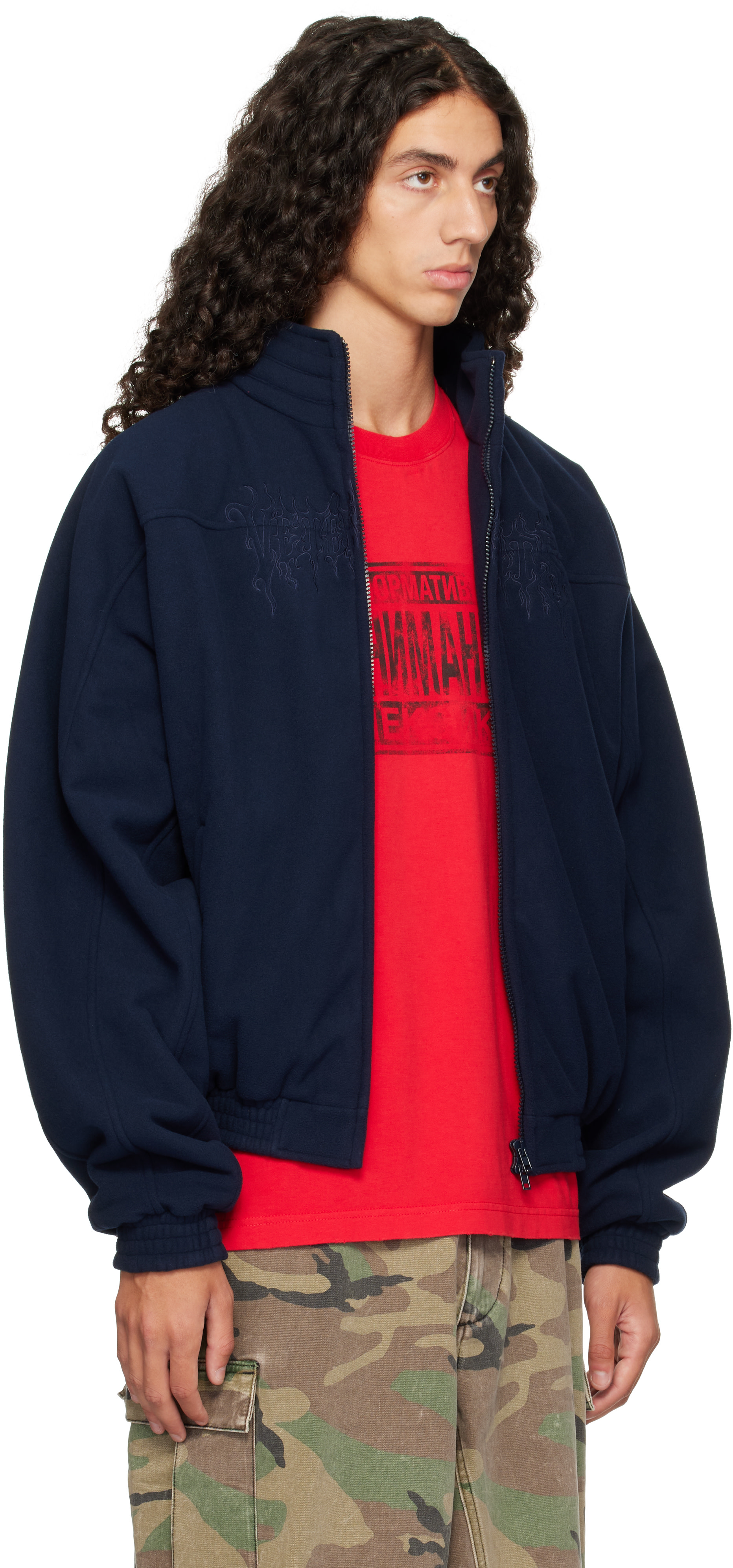 VETEMENTS: ネイビー Embroidered Metal Logo フリースジャケット