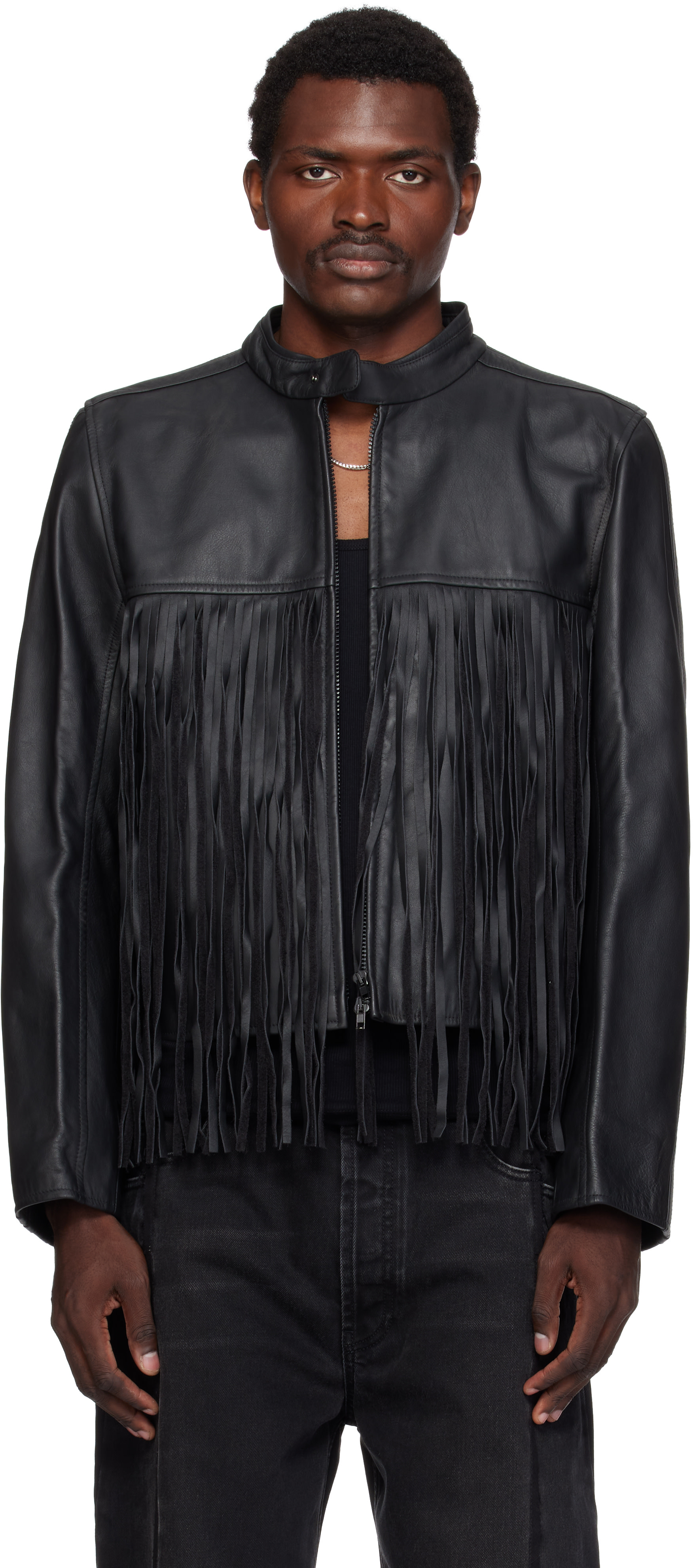 極美品　ヴィア・ヴェスプッチ　レザージャケット　本革　ブラック　メンズサイズ48 VETEMENTS: ブラック Fringed Boxy Moto レザージャケット | SSENSE 日本
