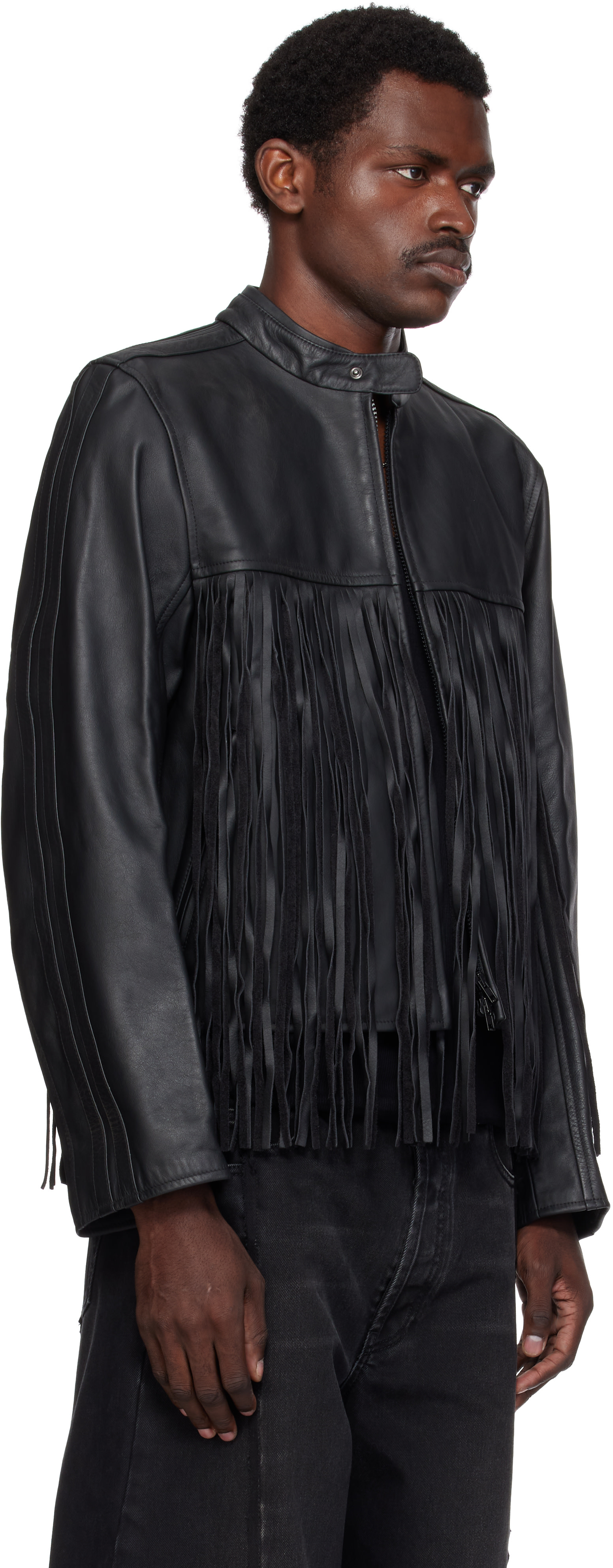 VETEMENTS: Black Fringed Boxy Moto Leather Jacket | SSENSE