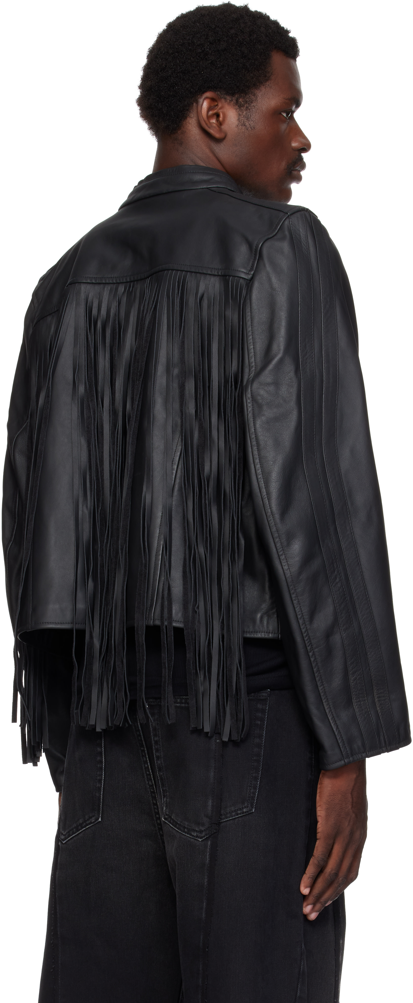 VETEMENTS: Black Fringed Boxy Moto Leather Jacket | SSENSE Mexico