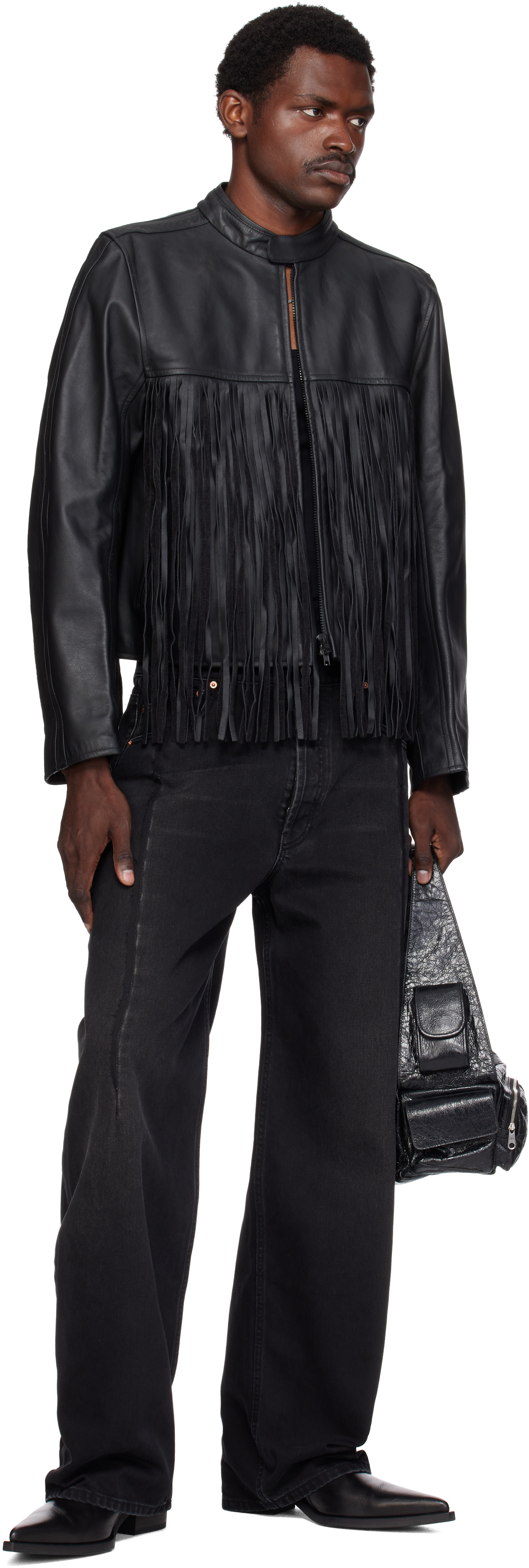 VETEMENTS: Black Fringed Boxy Moto Leather Jacket | SSENSE Mexico