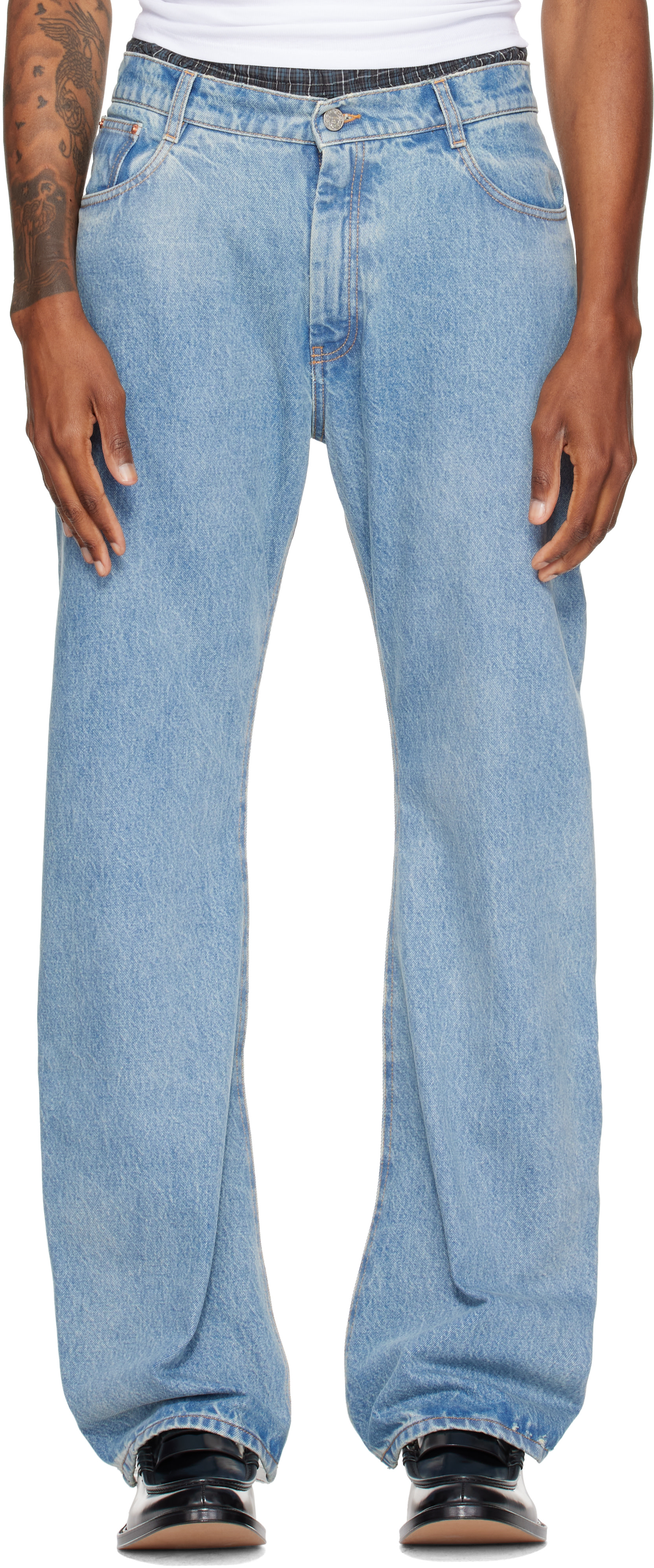 VETEMENTS: ブルー＆トランスペアレント Back O-Leg ジーンズ | SSENSE