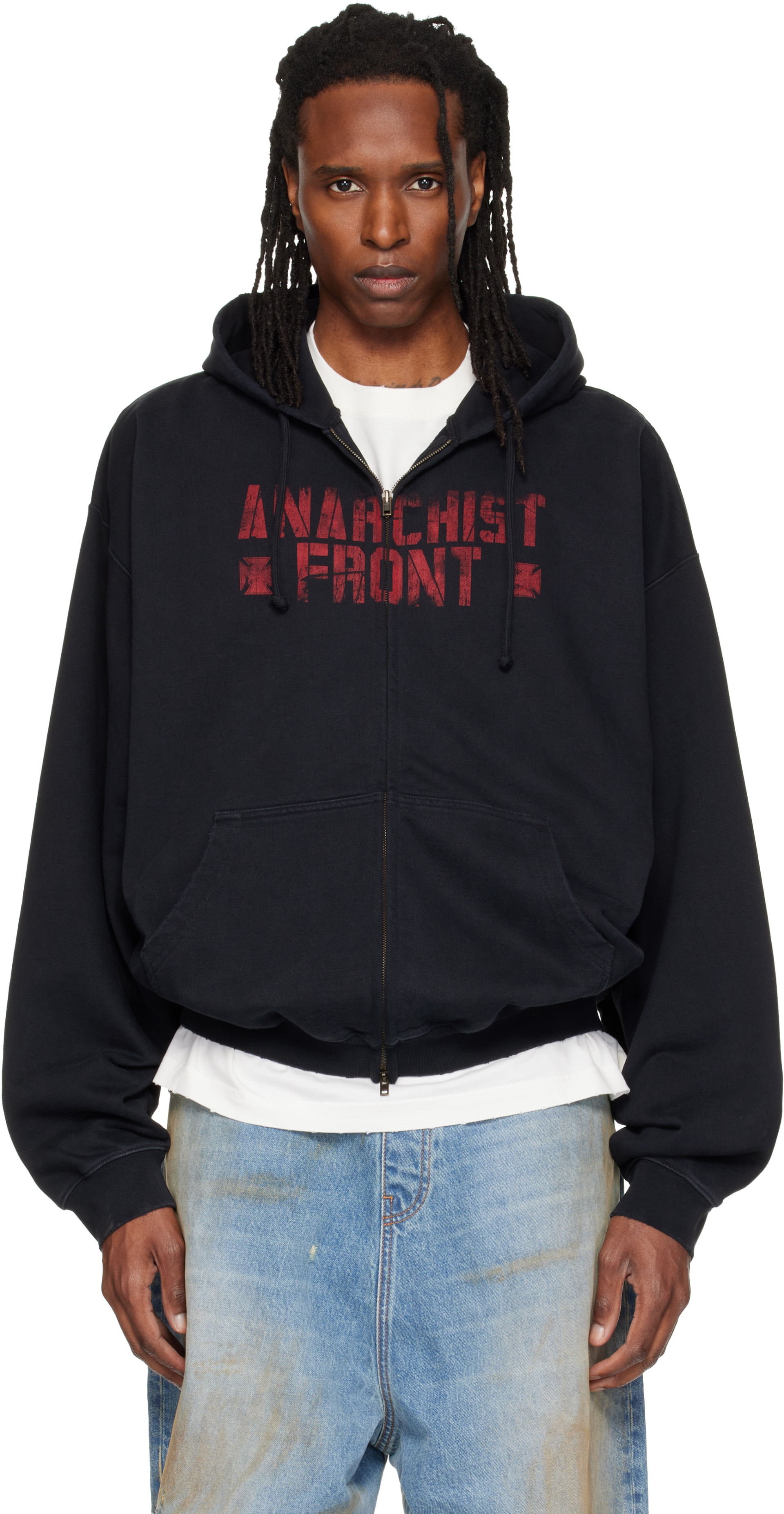 VETEMENTS - Pull à capuche 'Anarchist Front' noir à glissière