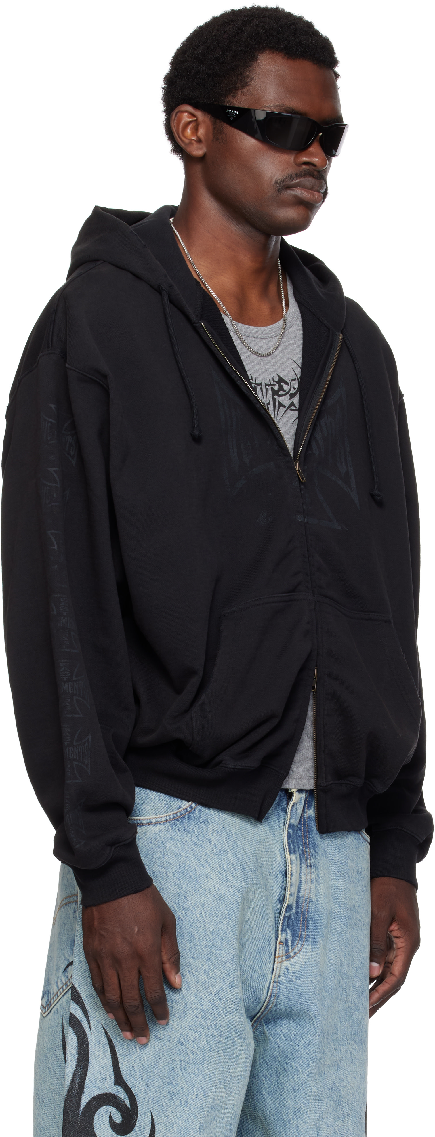 VETEMENTS: Black Big Biker Cross Zip-Up Hoodie | SSENSE