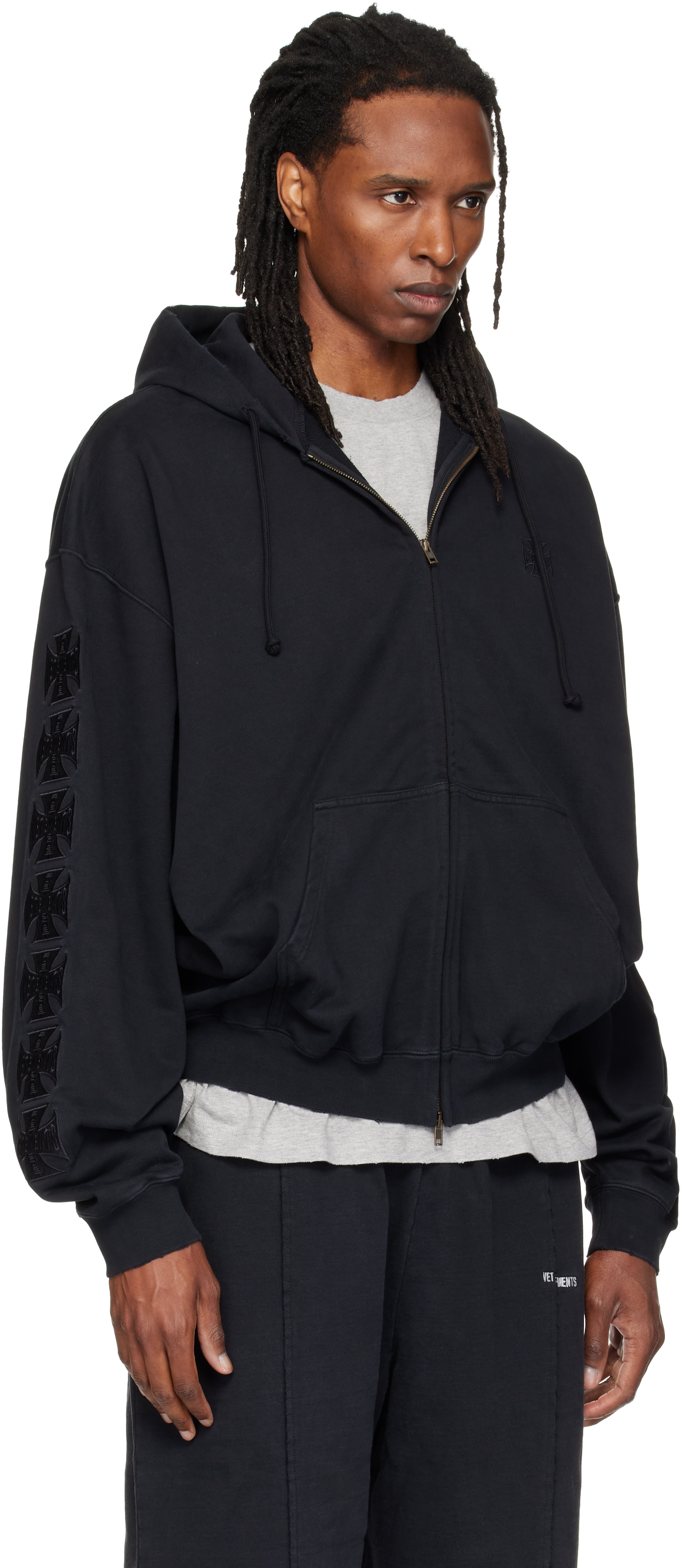 VETEMENTS - Pull à capuche noir à logos Biker Cross brodés et à glissière