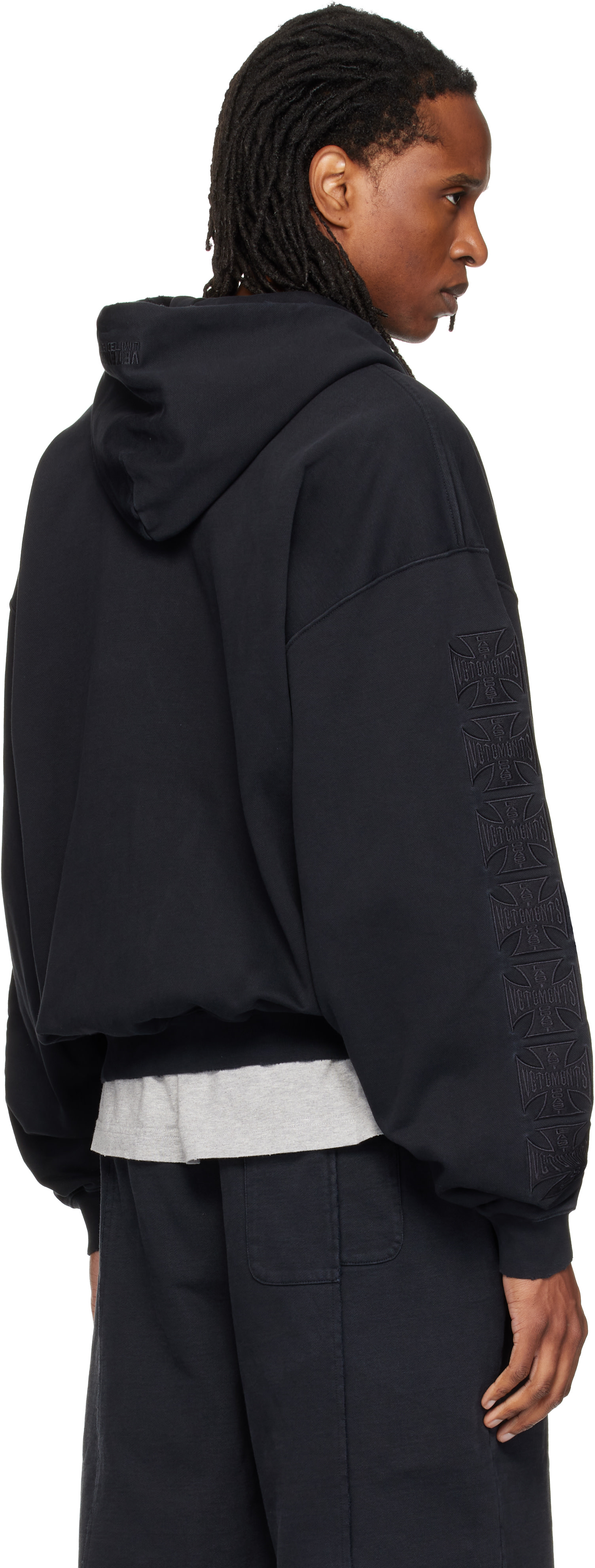 VETEMENTS - Pull à capuche noir à logos Biker Cross brodés et à glissière