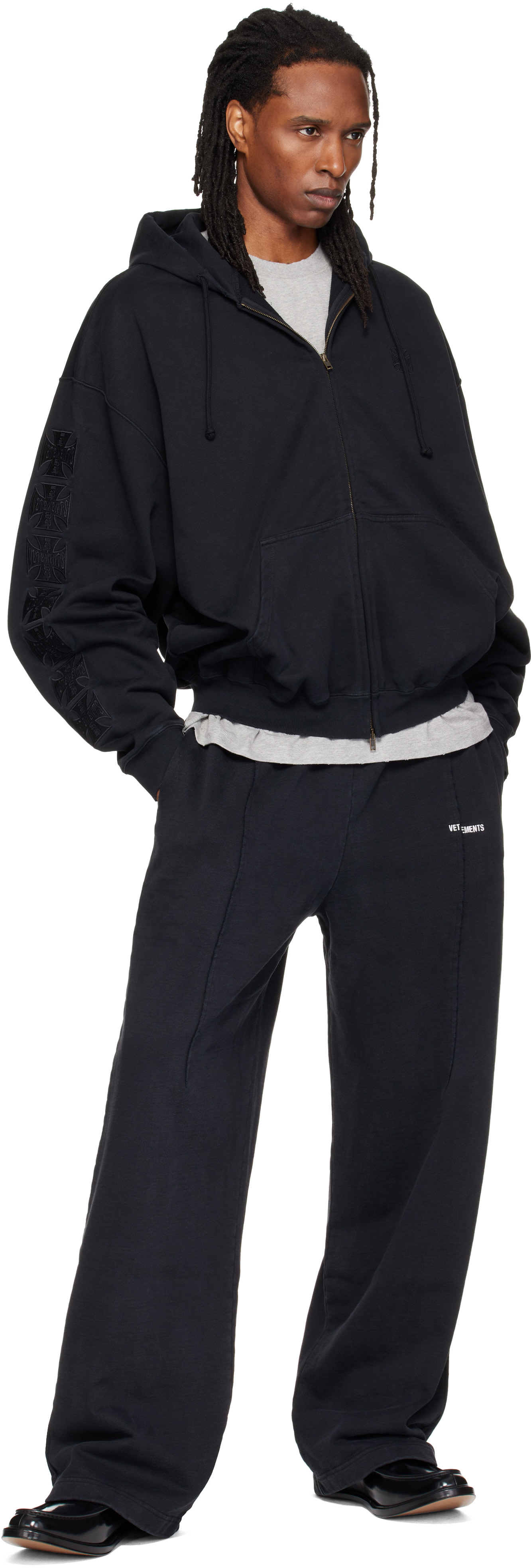 VETEMENTS - Pull à capuche noir à logos Biker Cross brodés et à glissière