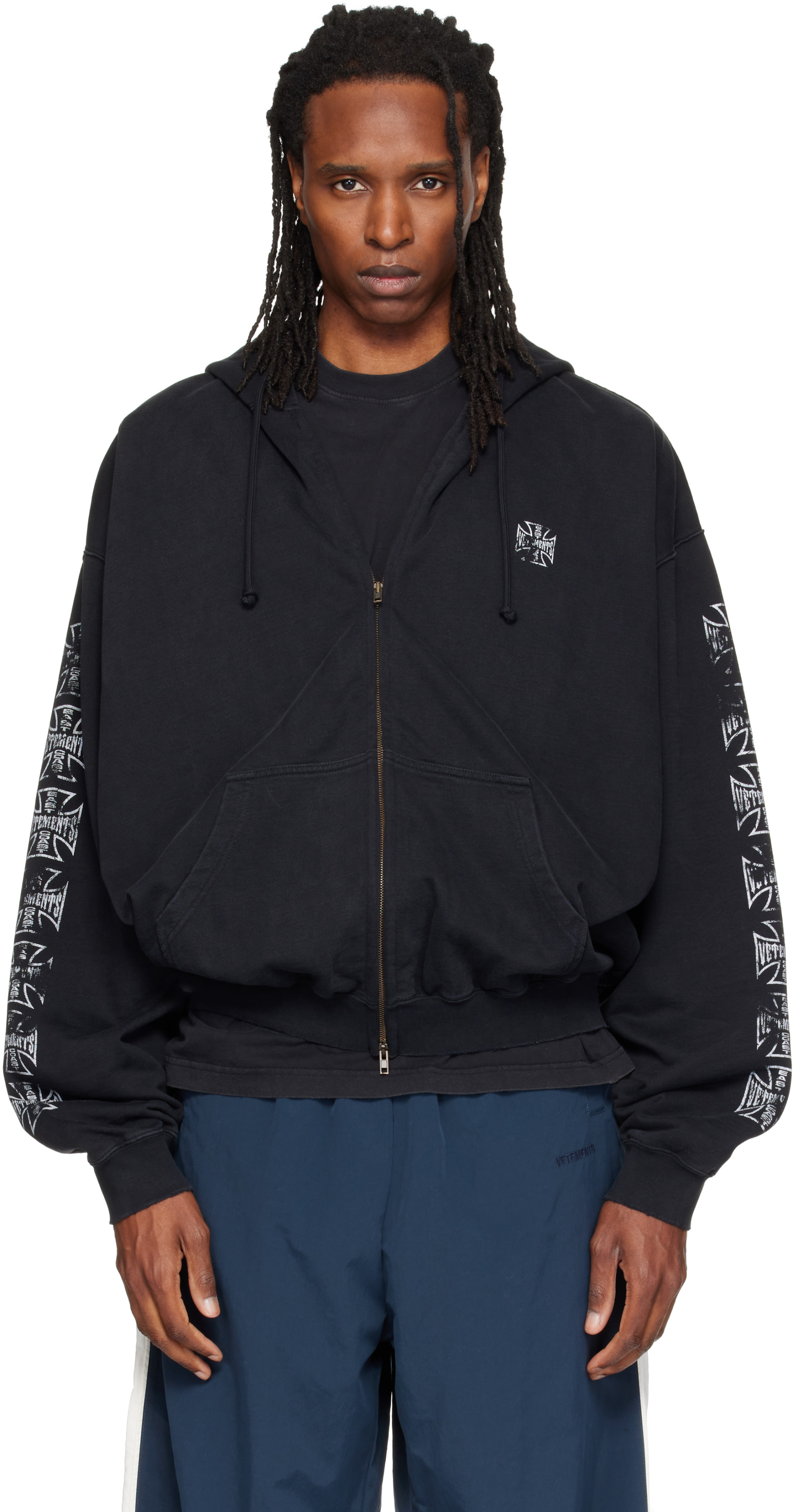 VETEMENTS - Pull à capuche noir à logos Biker Cross
