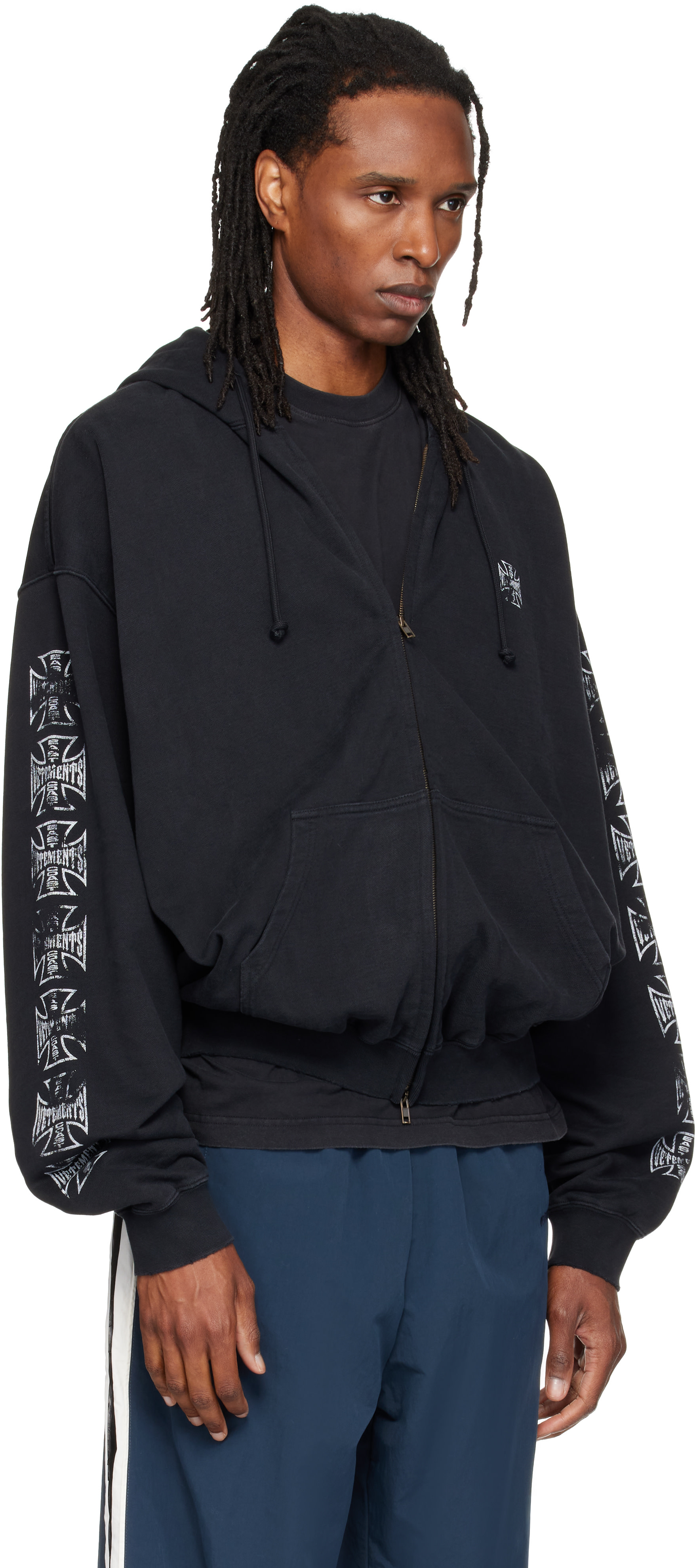 VETEMENTS: ブラック Biker Cross Logo ジップアップフーディ | SSENSE