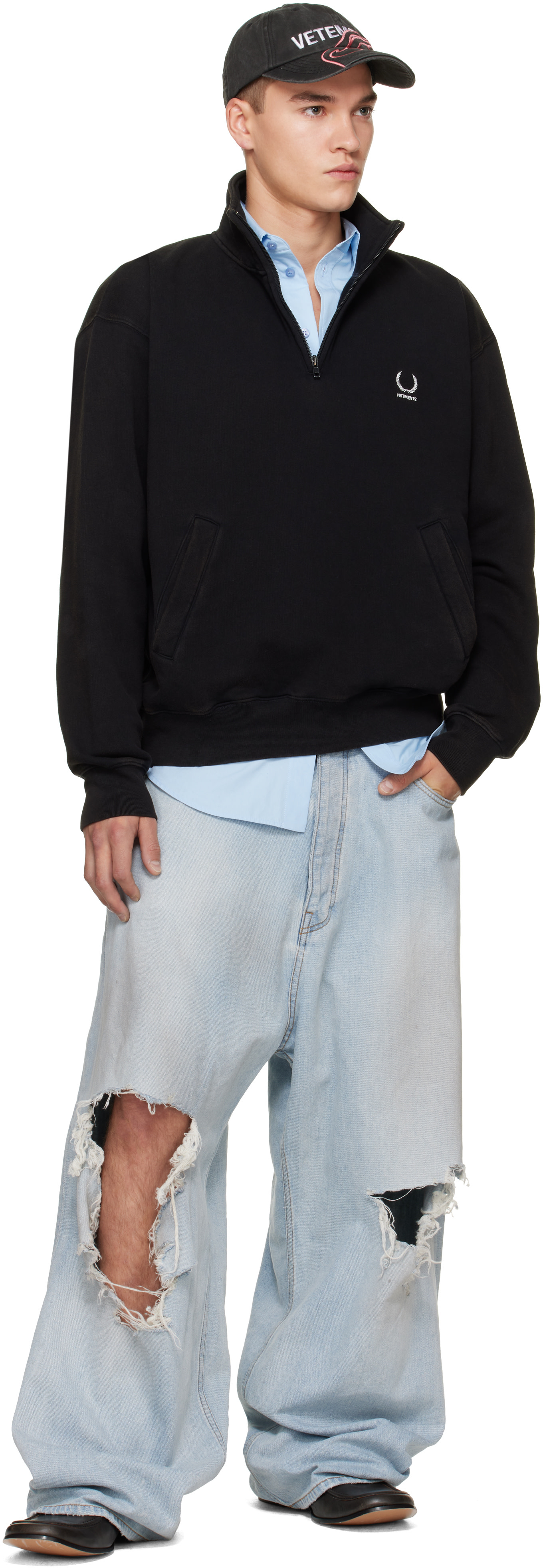 VETEMENTS - Pull molletonné noir à glissière un quart