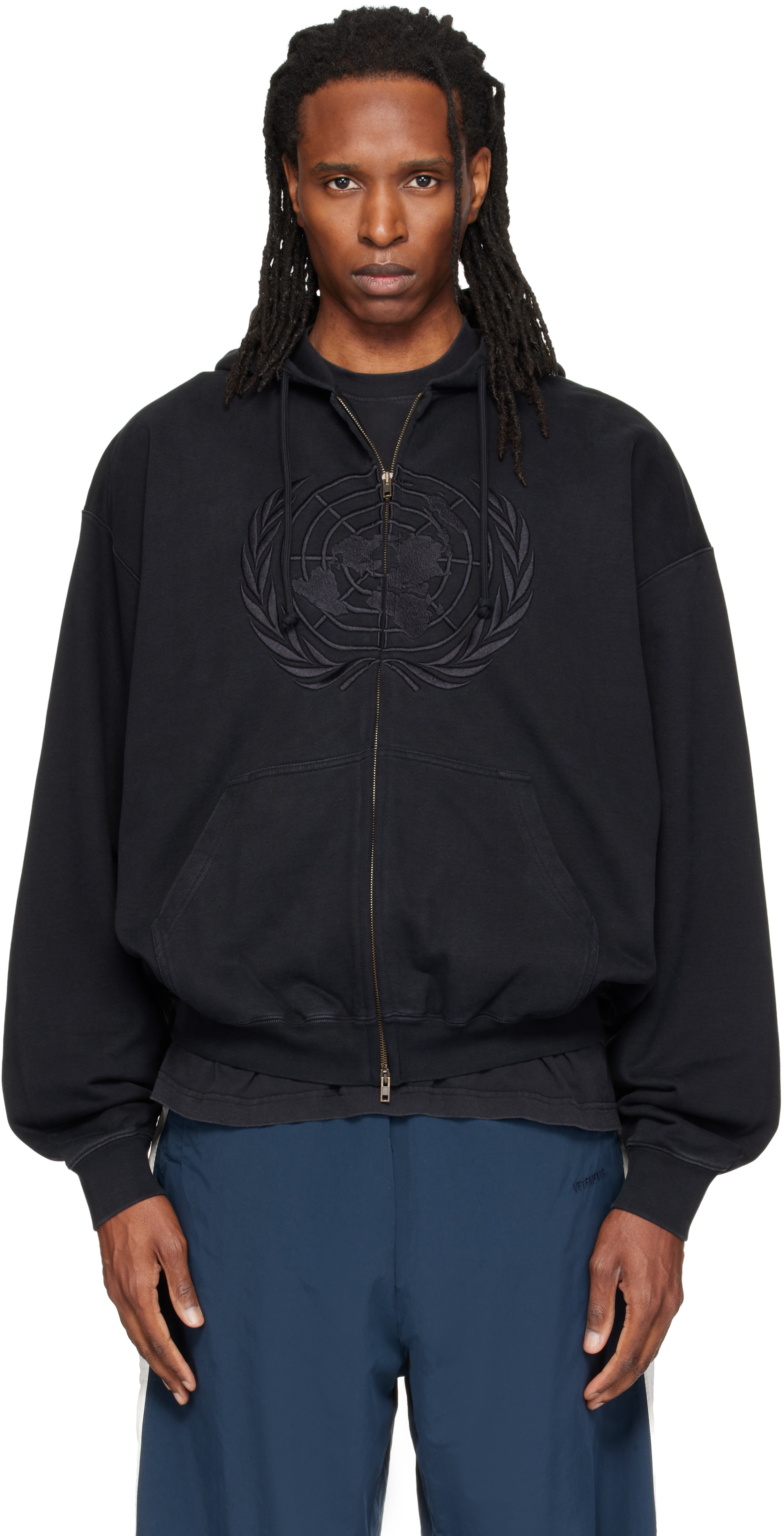VETEMENTS: Black Embroidered Zip Up Hoodie | SSENSE