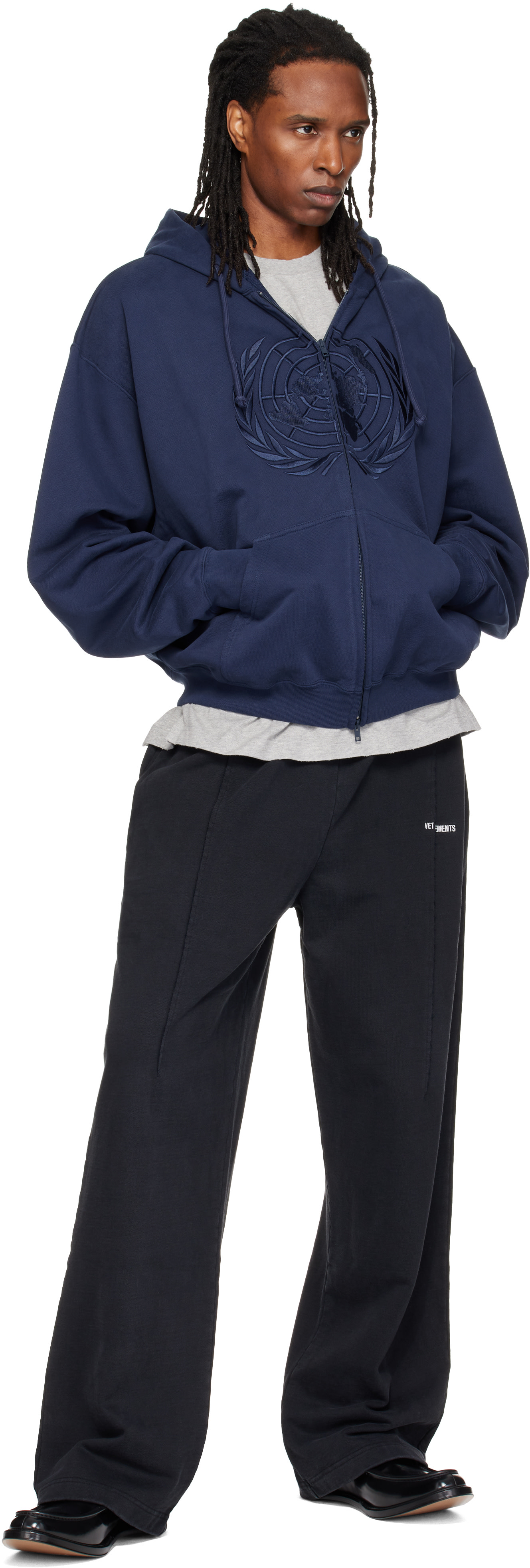 VETEMENTS: Navy Embroidered Zip Up Hoodie | SSENSE