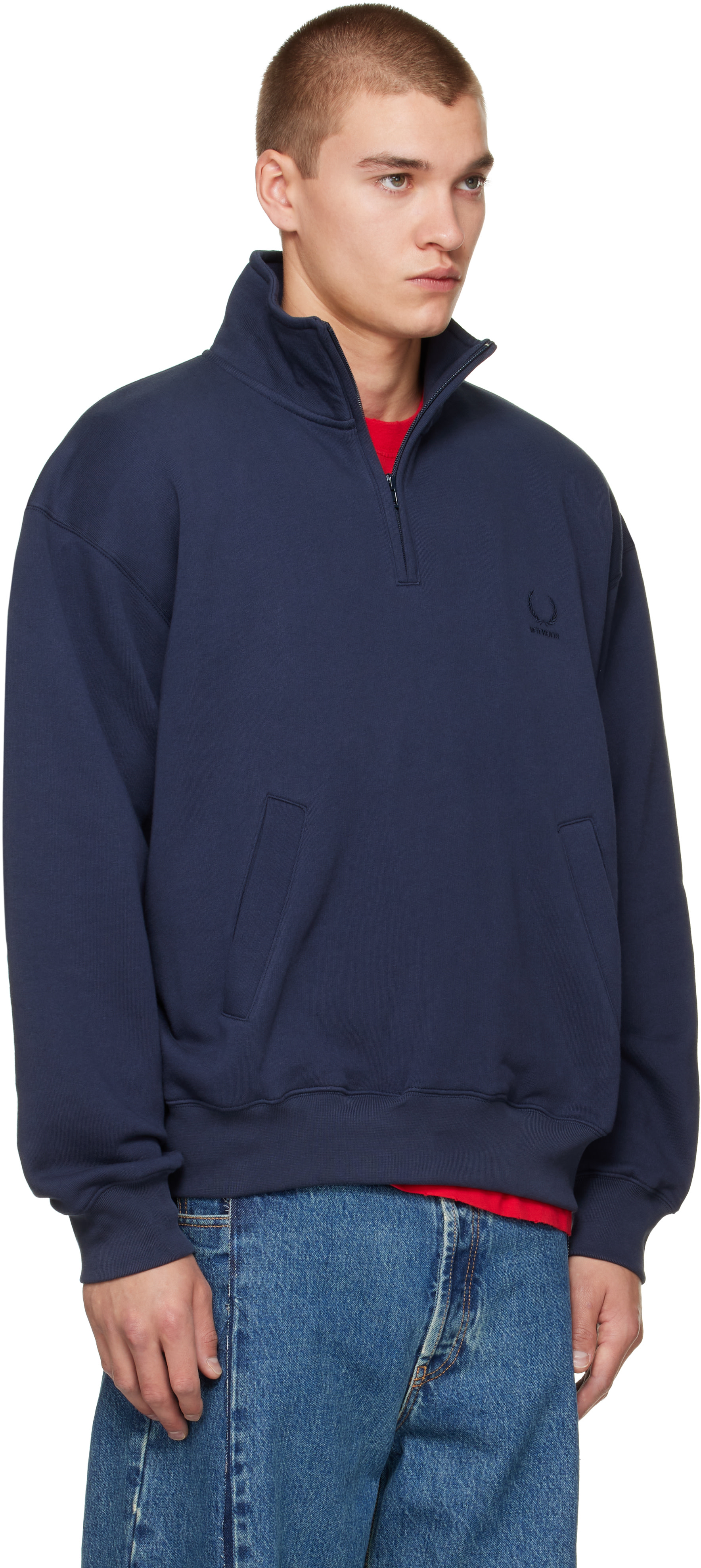 VETEMENTS - Pull molletonné bleu marine à glissière un quart