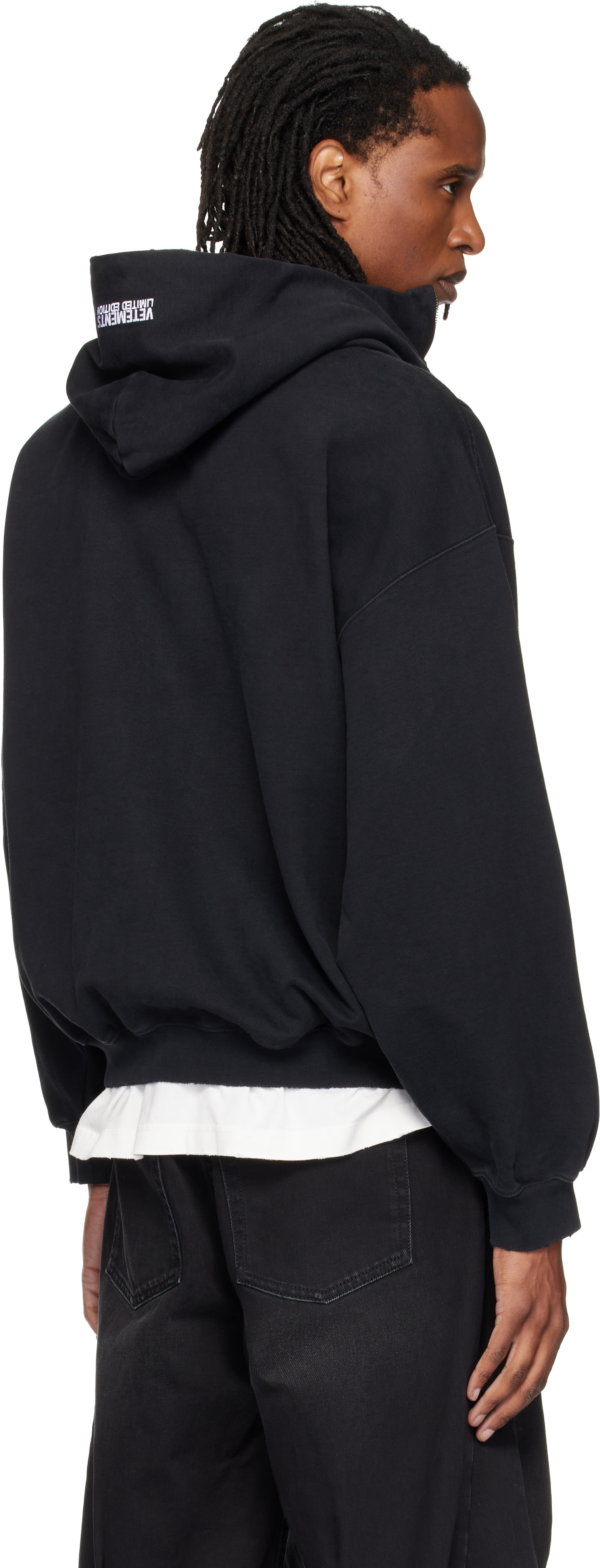 VETEMENTS - Pull à capuche noir à assemblage inversé et à glissière