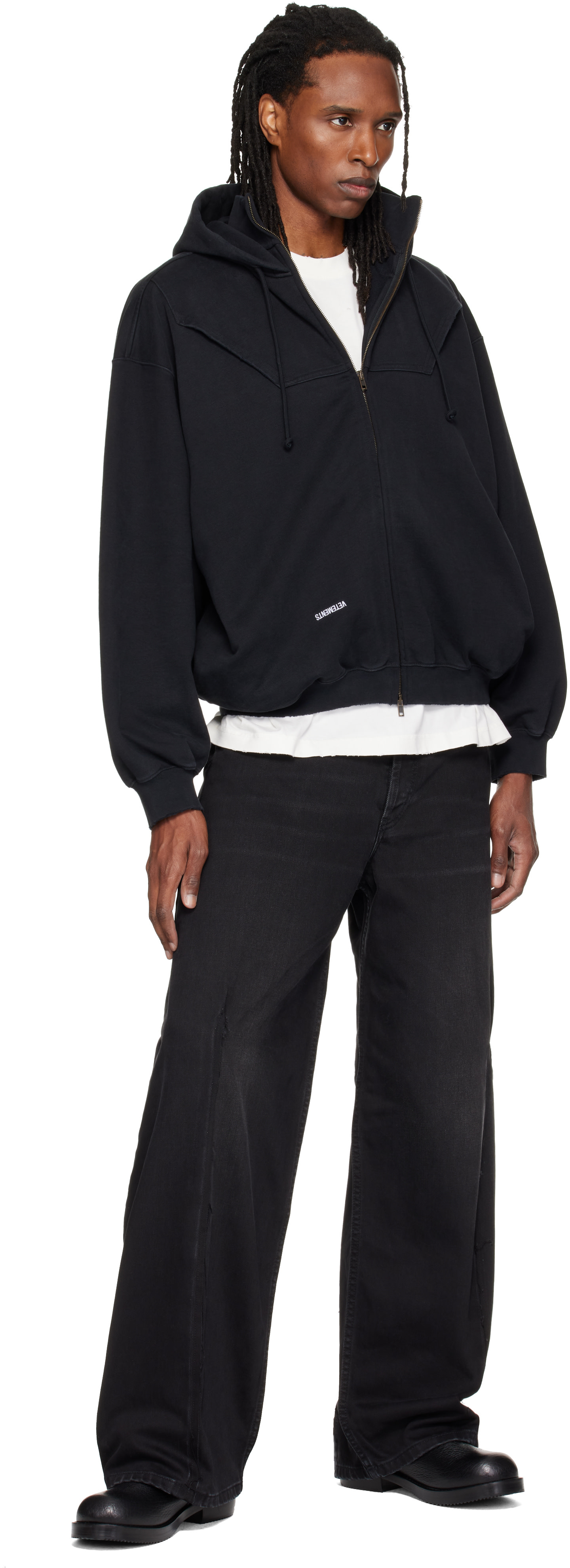 VETEMENTS - Pull à capuche noir à assemblage inversé et à glissière