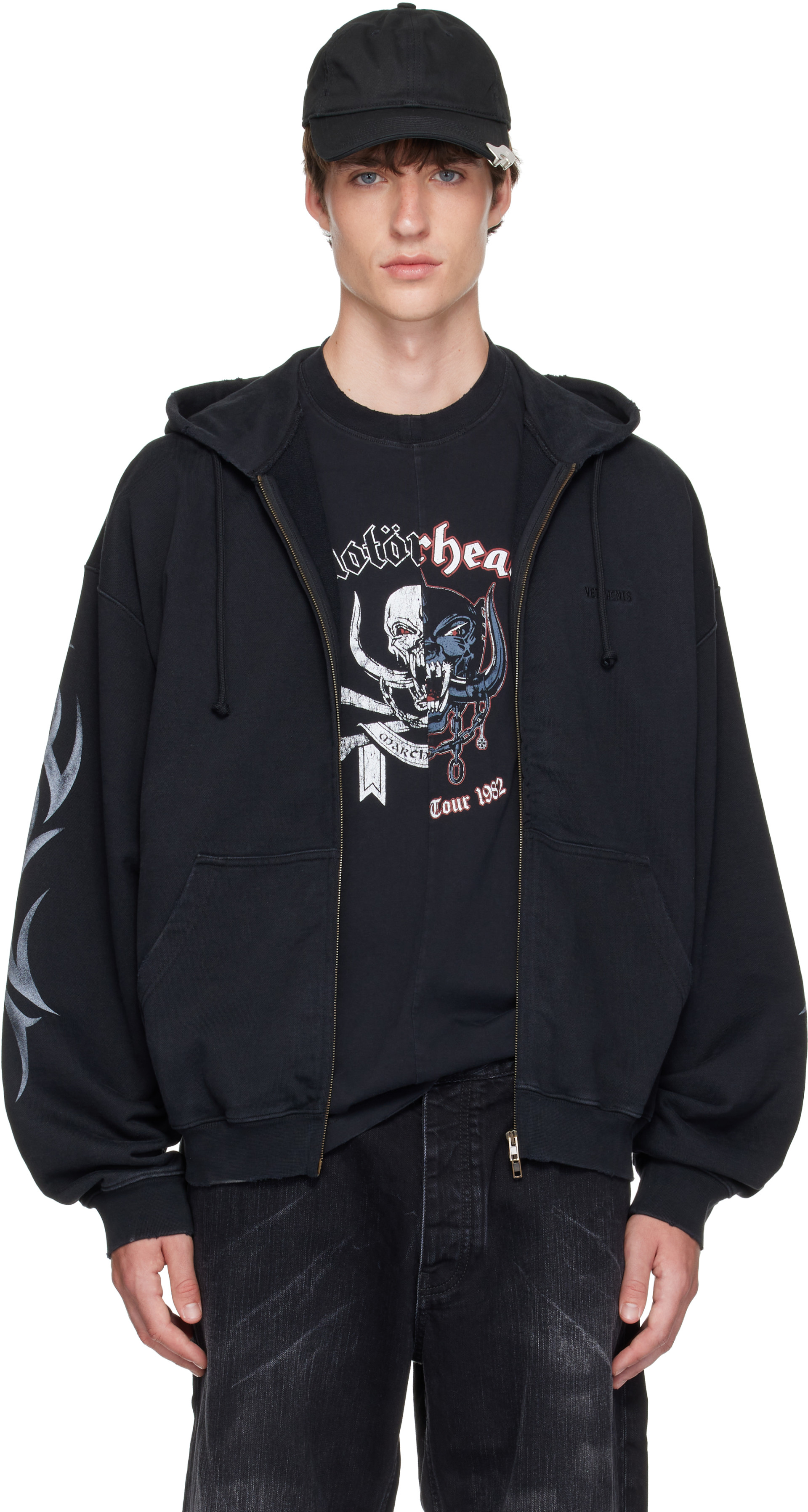 VETEMENTS - Pull à capuche noir à logos de style graffiti