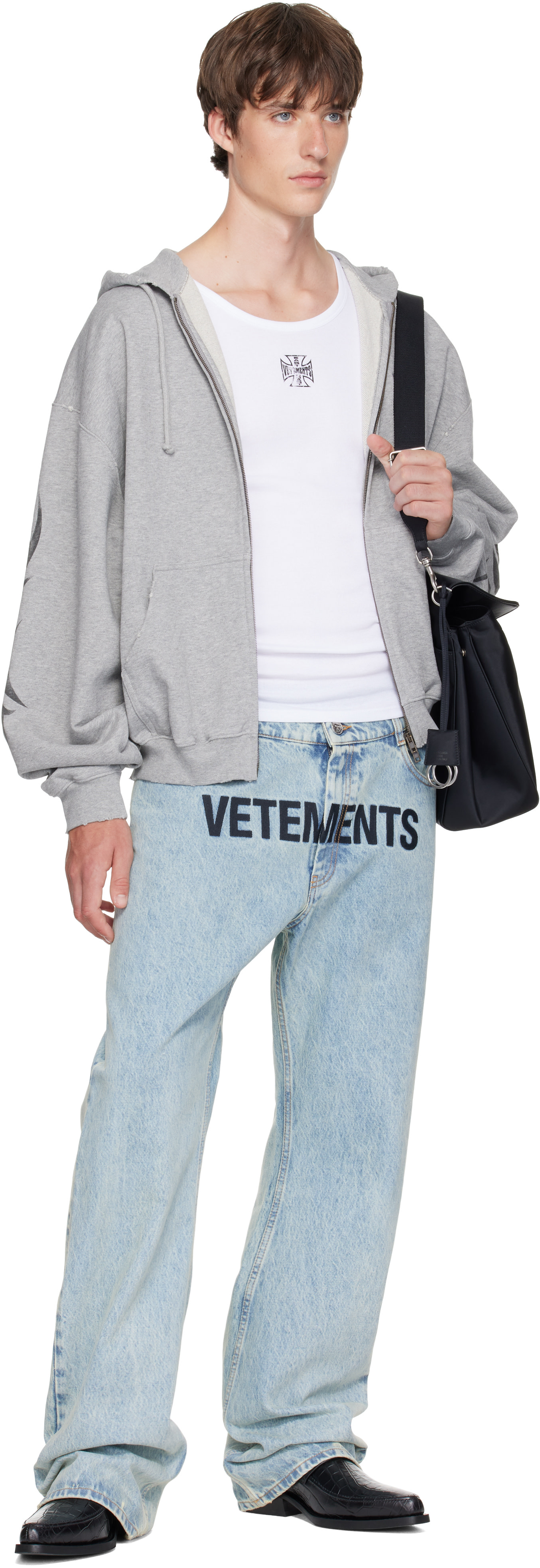 VETEMENTS - Pull à capuche gris à logos de style graffiti