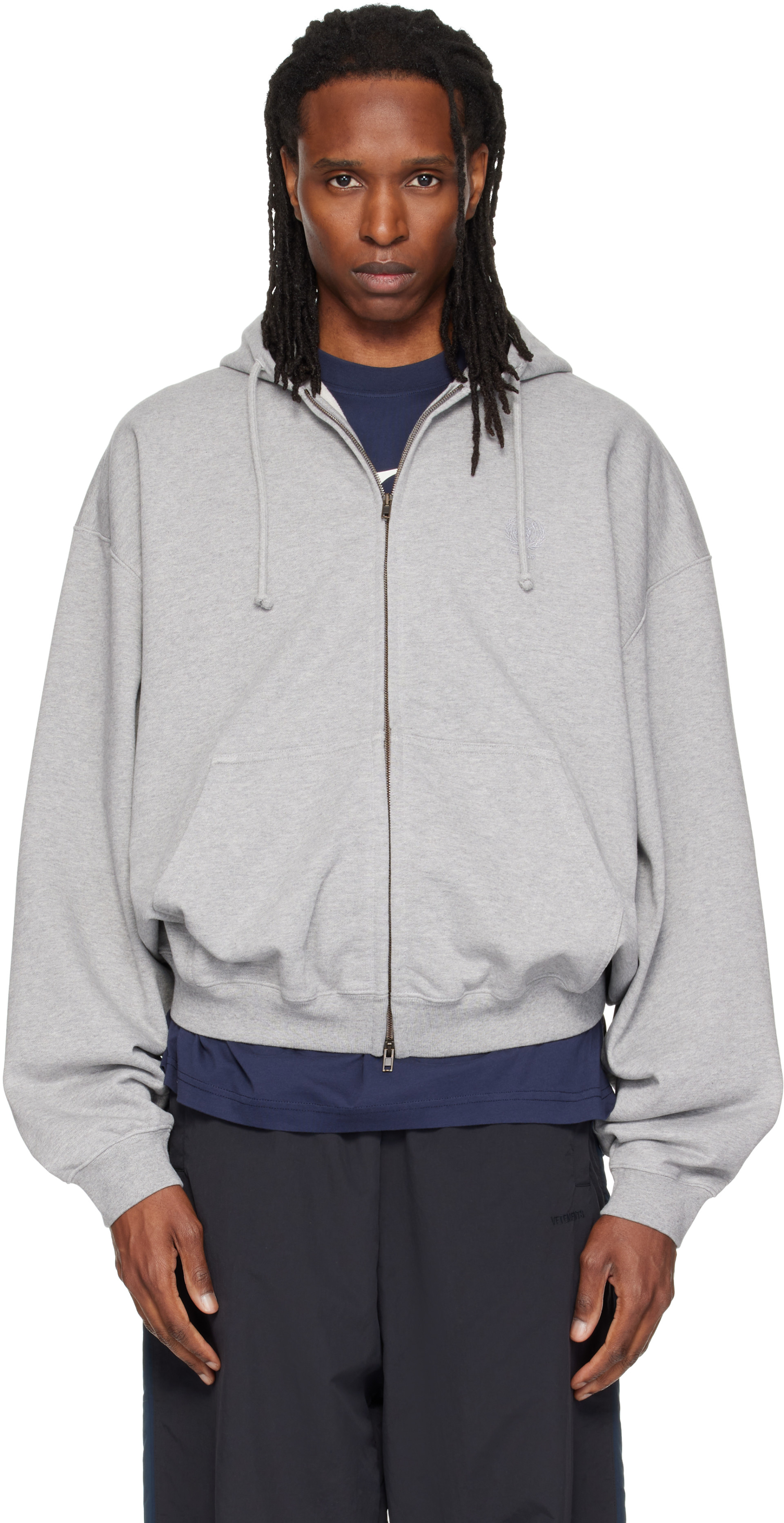 VETEMENTS: Gray Embroidered Zip Up Hoodie | SSENSE