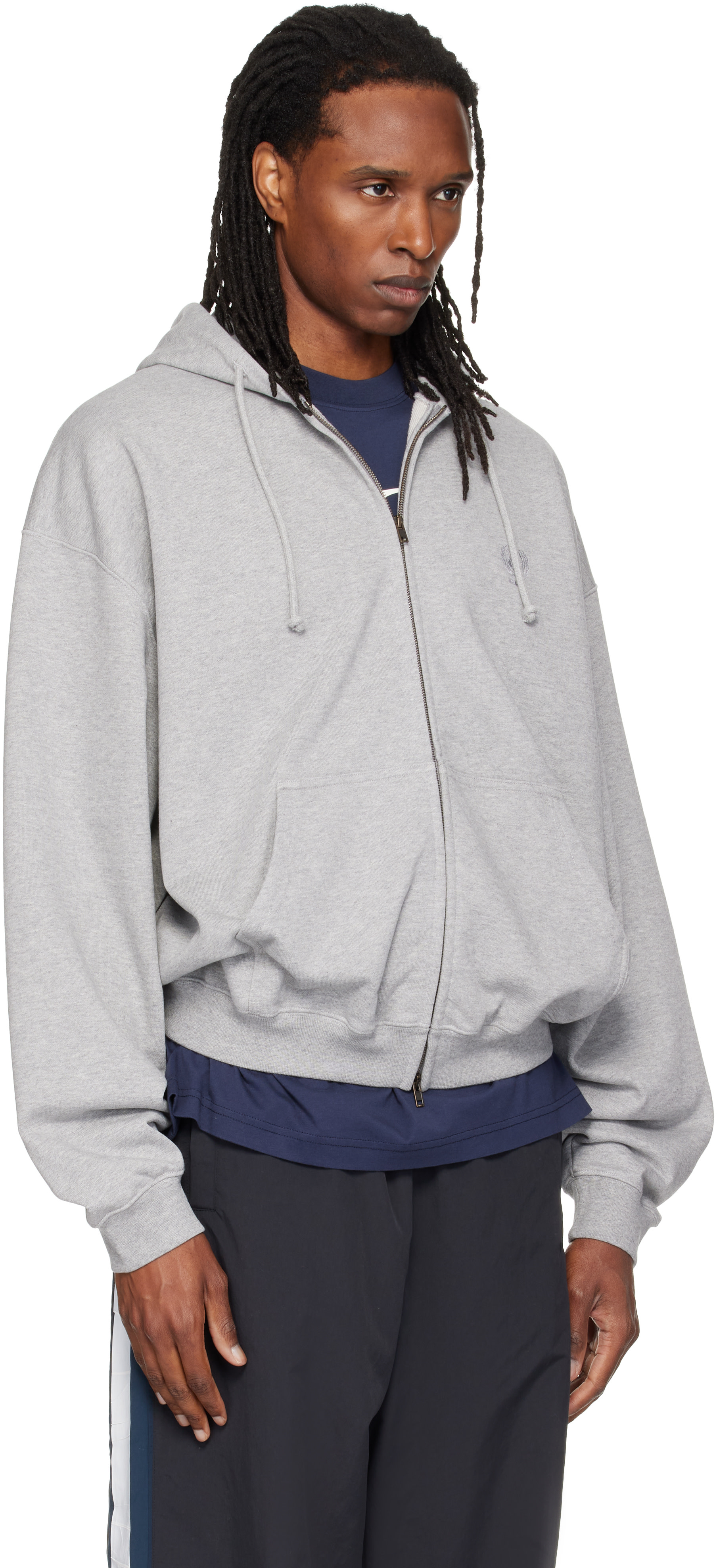 VETEMENTS - Pull à capuche gris à broderies et à glissière
