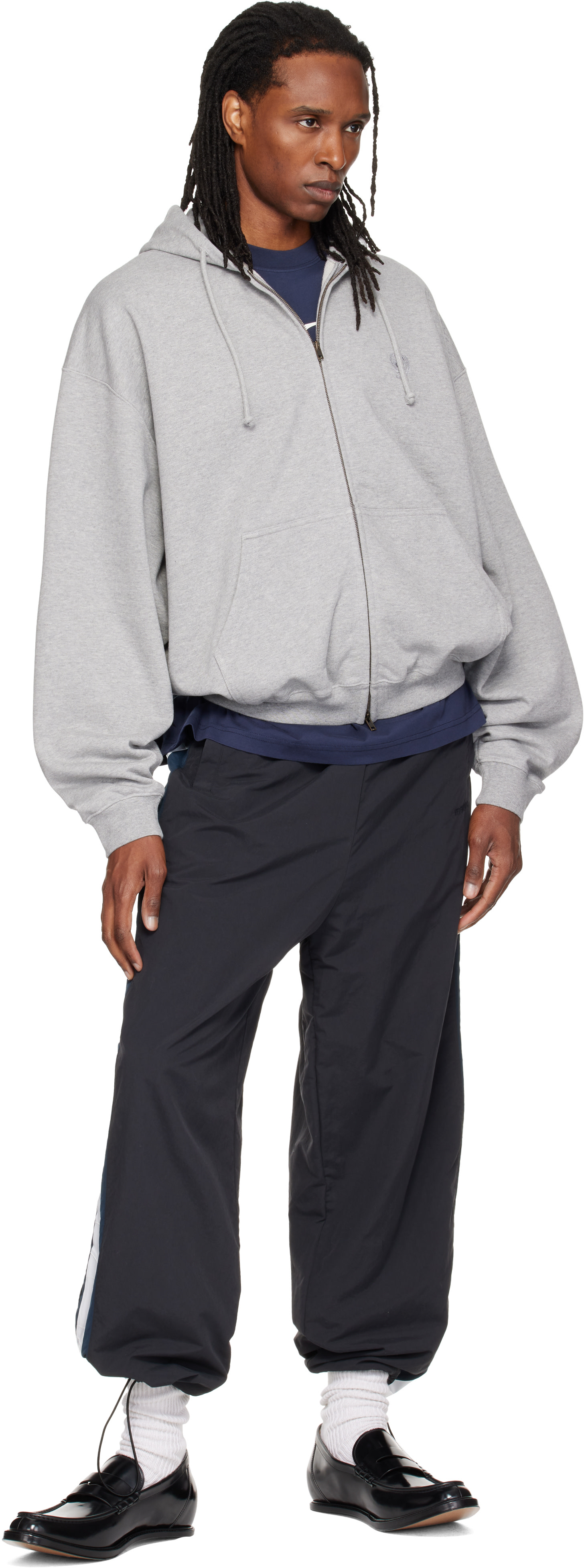 VETEMENTS - Pull à capuche gris à broderies et à glissière