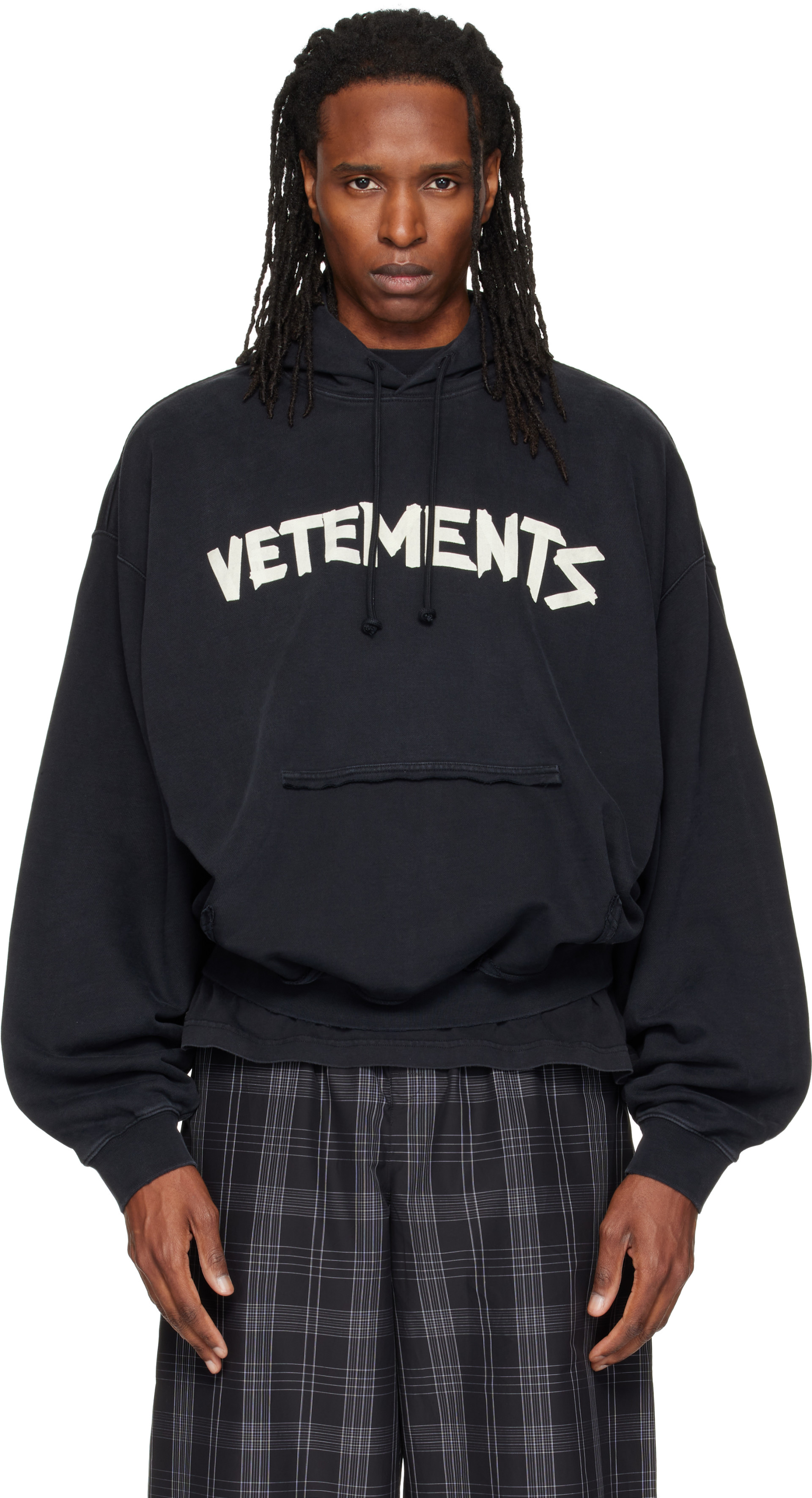 VETEMENTS: Black Tape Logo Destroyed Hoodie | SSENSE