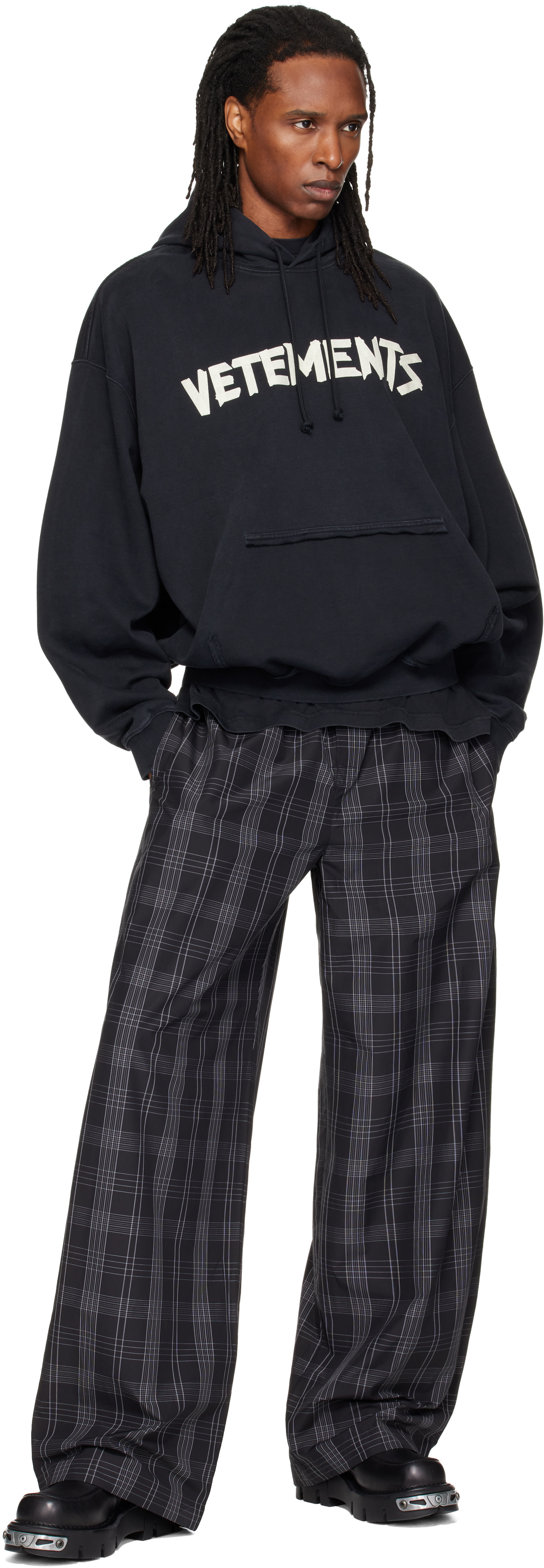 VETEMENTS: Black Tape Logo Destroyed Hoodie | SSENSE