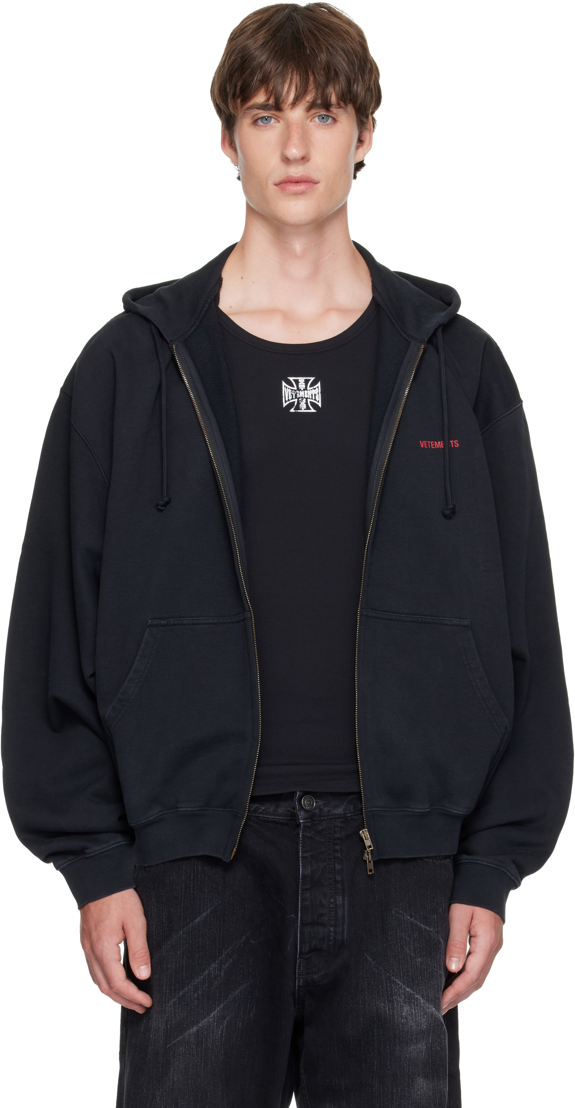 VETEMENTS - Pull à capuche noir à coupe classique et à glissière