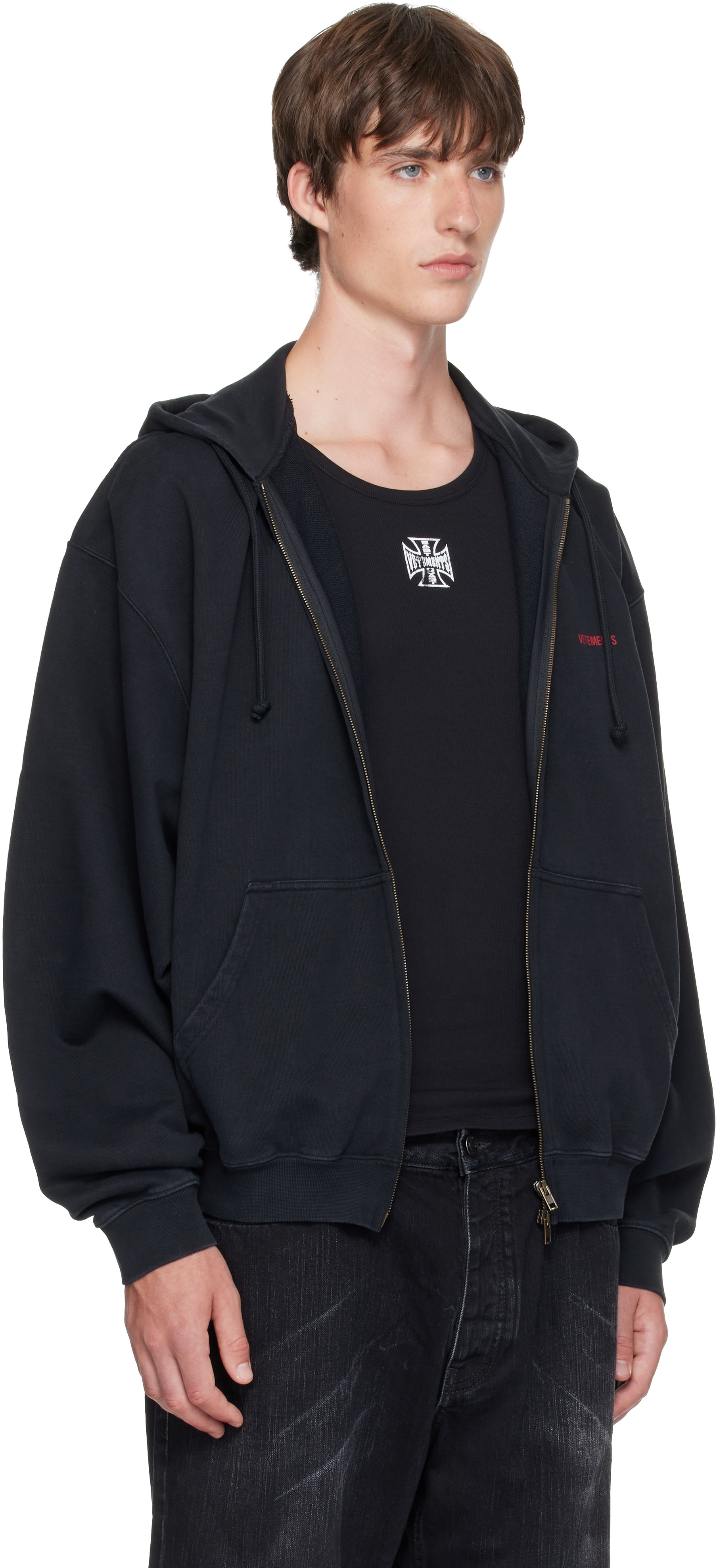 VETEMENTS: ブラック Classic Logo ジップアップフーディ | SSENSE 日本
